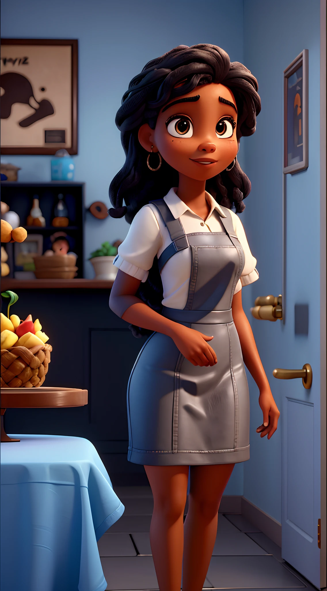 Disney Pixar style poster of a straight-haired black girl and fulfilled at a buffet. Ela veste um avental branco, He holds a menu and has a confident, cheerful expression. Ao fundo, The atmosphere is welcoming, with other professionals interacting and serving relaxed clients.