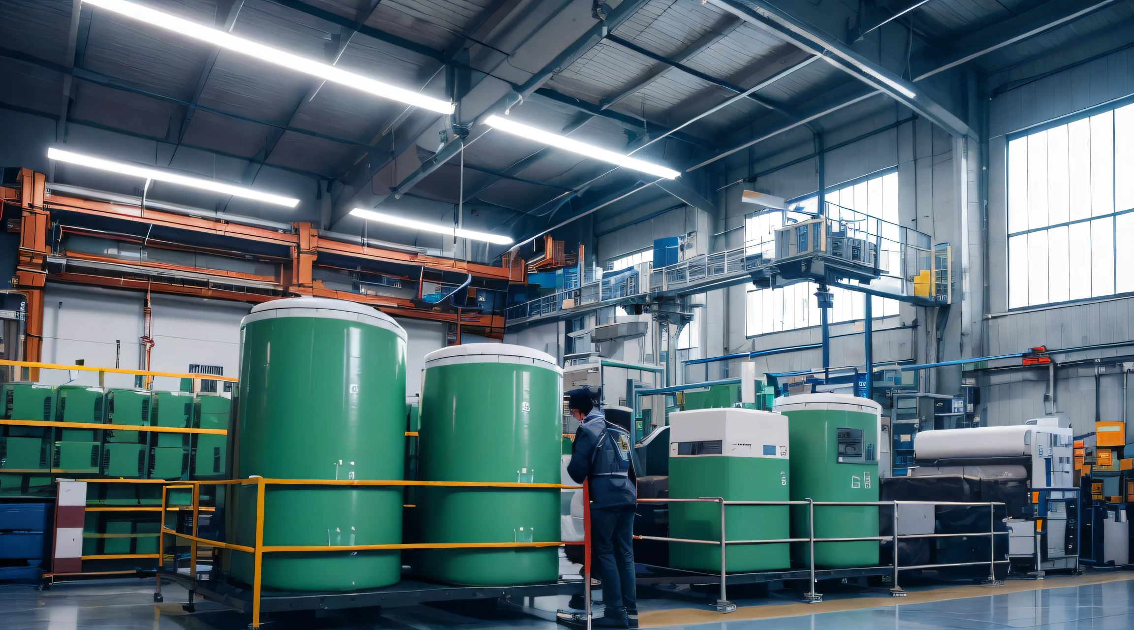 People and robots inside an intelligent factory, using an intelligent factory management system for chemical production, the data in the factory are visualized at a high level, reflecting advanced manufacturing technology, the best quality, VR,AR, artistic sense, technological sense,suitable for backend management system background, linear style, chemical industry,8k