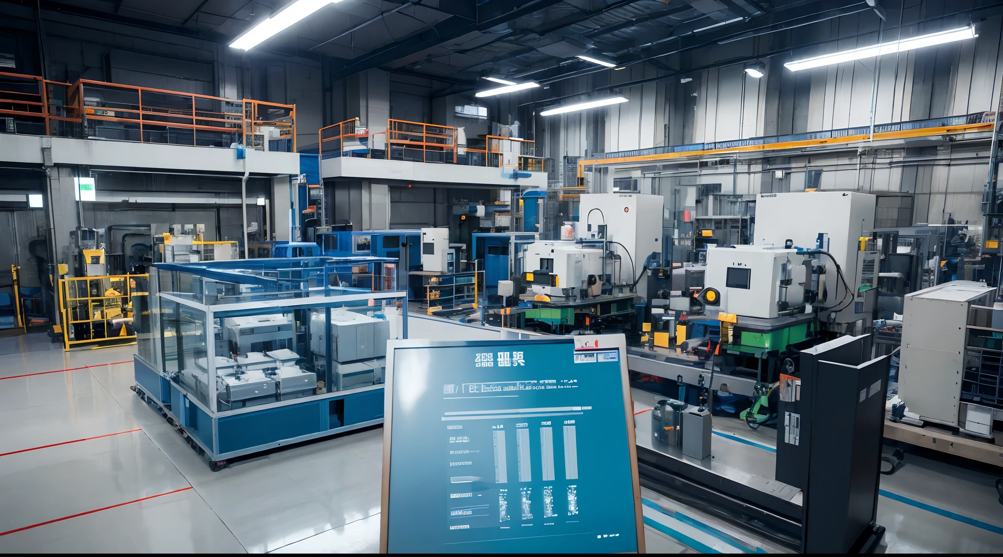 People and robots inside an intelligent factory, using an intelligent factory management system for chemical production, the data in the factory are visualized at a high level, reflecting advanced manufacturing technology, the best quality, VR,AR, artistic sense, technological sense,suitable for backend management system background, linear style, chemical industry,8k