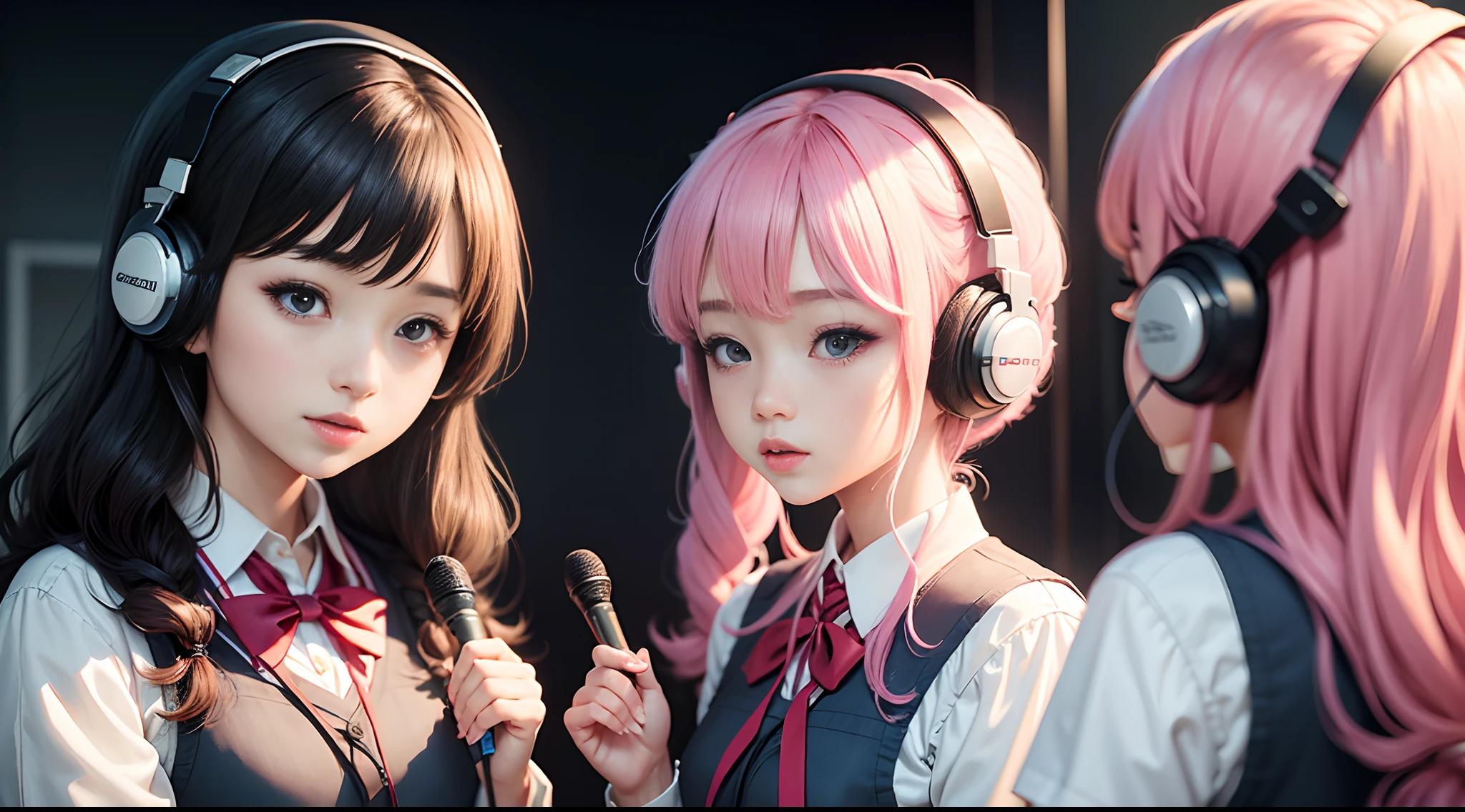 **twin schoolgirls with different hairtyles, korean school uniform ,(masterpiece, best quality: 1. 2), pop city style, wearing headsets, listening to music , romantic songs, singing,