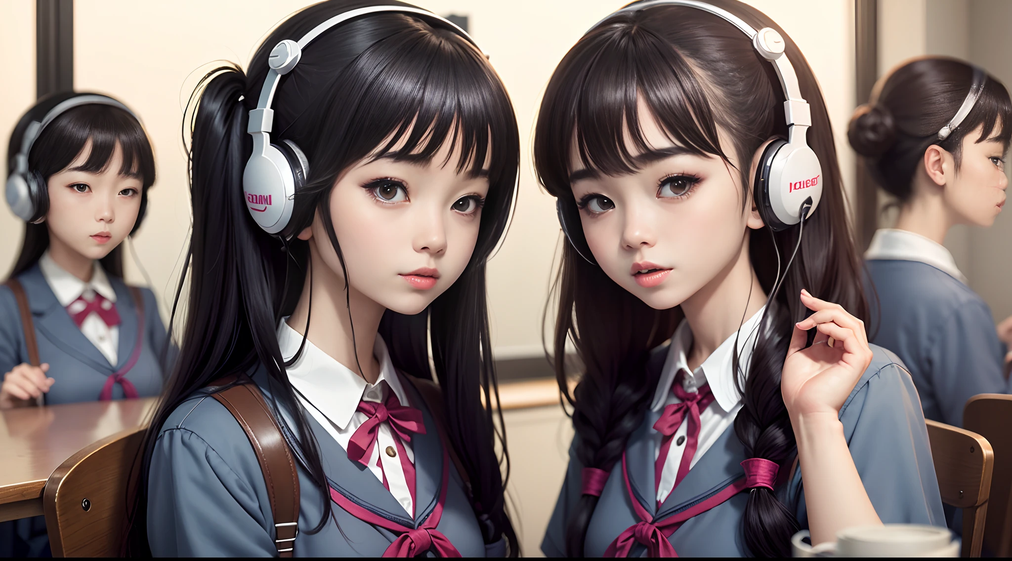 **twin schoolgirls with different hairtyles, korean school uniform ,(masterpiece, best quality: 1. 2), pop city style, wearing headsets, listening to music , romantic songs, singing,
