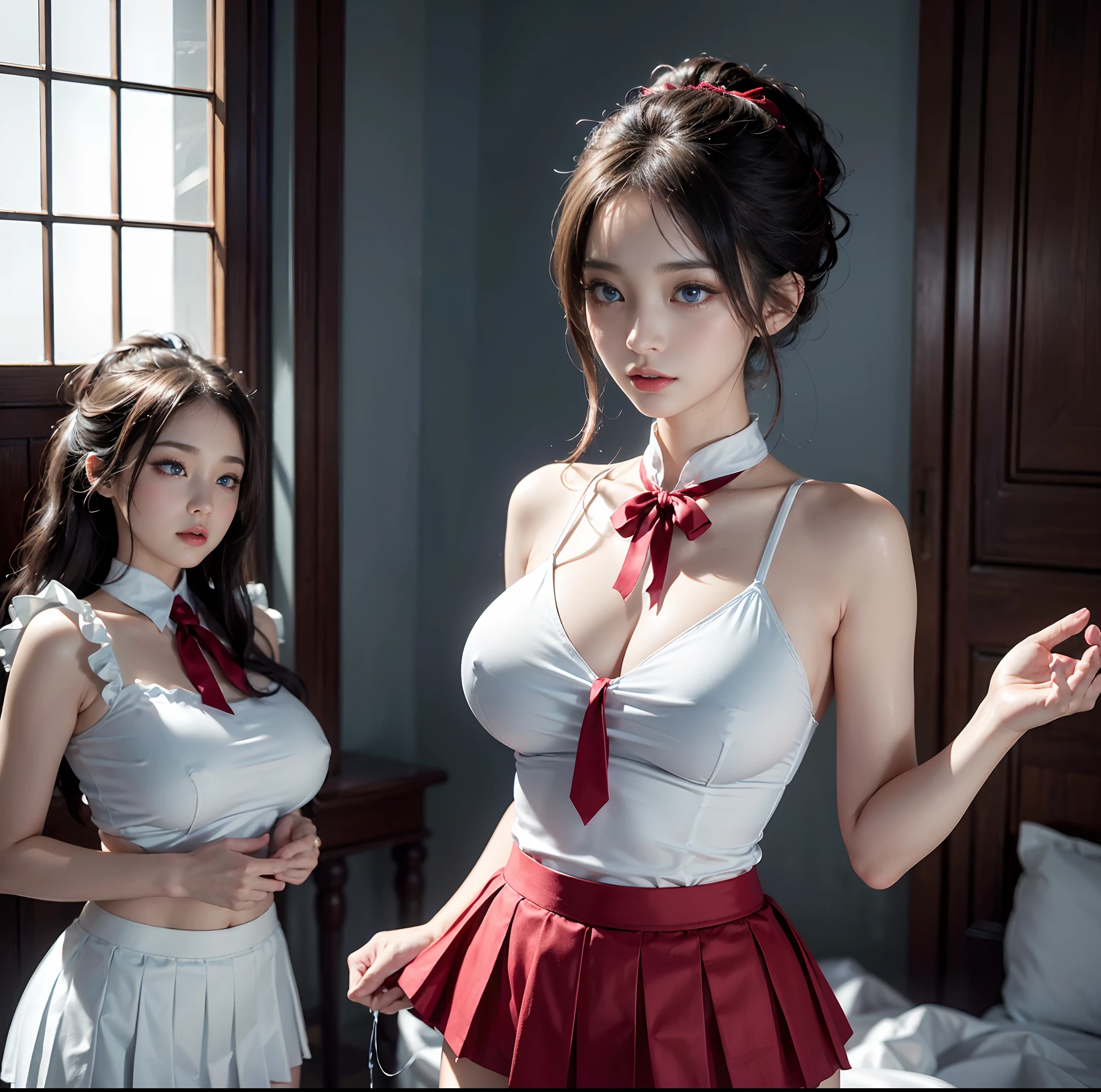 (top-quality, 4K picture quality, masterpiece, Professional lighting without shadows, A hyper-realistic), perfect anatomia, Two girls, ( with perfect body、Colossal breasts with tension:1.2), Bright and even whitening skin without wrinkles and steps, (Reflects a lot of light with bright and beautiful blue eyes with long eyelashes and plump red tear bags:1.2)、 Cute hairstyles, (Clothes get wet and stick to the skin, A tight-fitting blouse made of white ultra-thin fabric covers the upper body on bare skin.、Dress up with a super short super mini pleated skirt), (The skirt is too short to be useful:1.3), (She proudly shows off her huge breasts and crimson ribbon tie from the front), (Another girl on the other side、- She is showing off her bare buttocks from directly behind), (sleepy half-eyes),