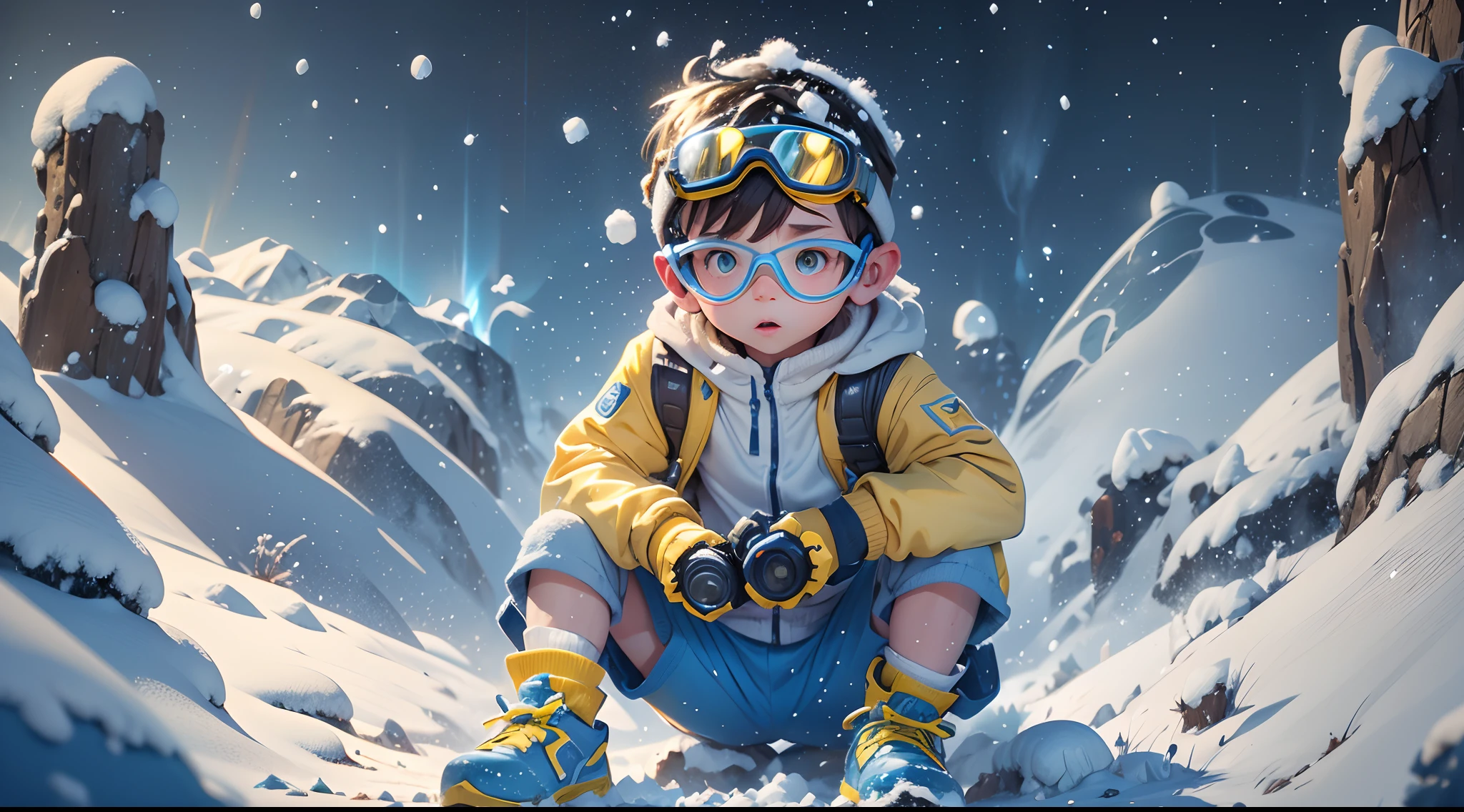 It's all snow and ice(magicle world),Cold silence,(Frost magic),(1 little boy),1 Little boy),((Blue goggles),Yellow vest,grey shorts,Blue sneakers),(high-definition and exquisite facial features),A little man adventures in the snow,Storytelling images
