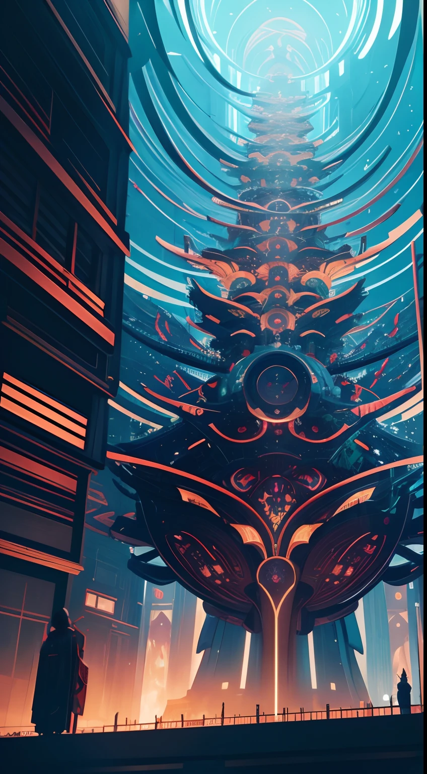 Victo Ngai, Pavel Tchelitchew, Surreal, mysterious, strange, fantastical, fantasy, Sci-fi, Japanese anime, neo-metabolism architecture, future history, creating machine, tapestry, hyper detailed masterpiece depth of field, cinematic lighting, big tits big ass