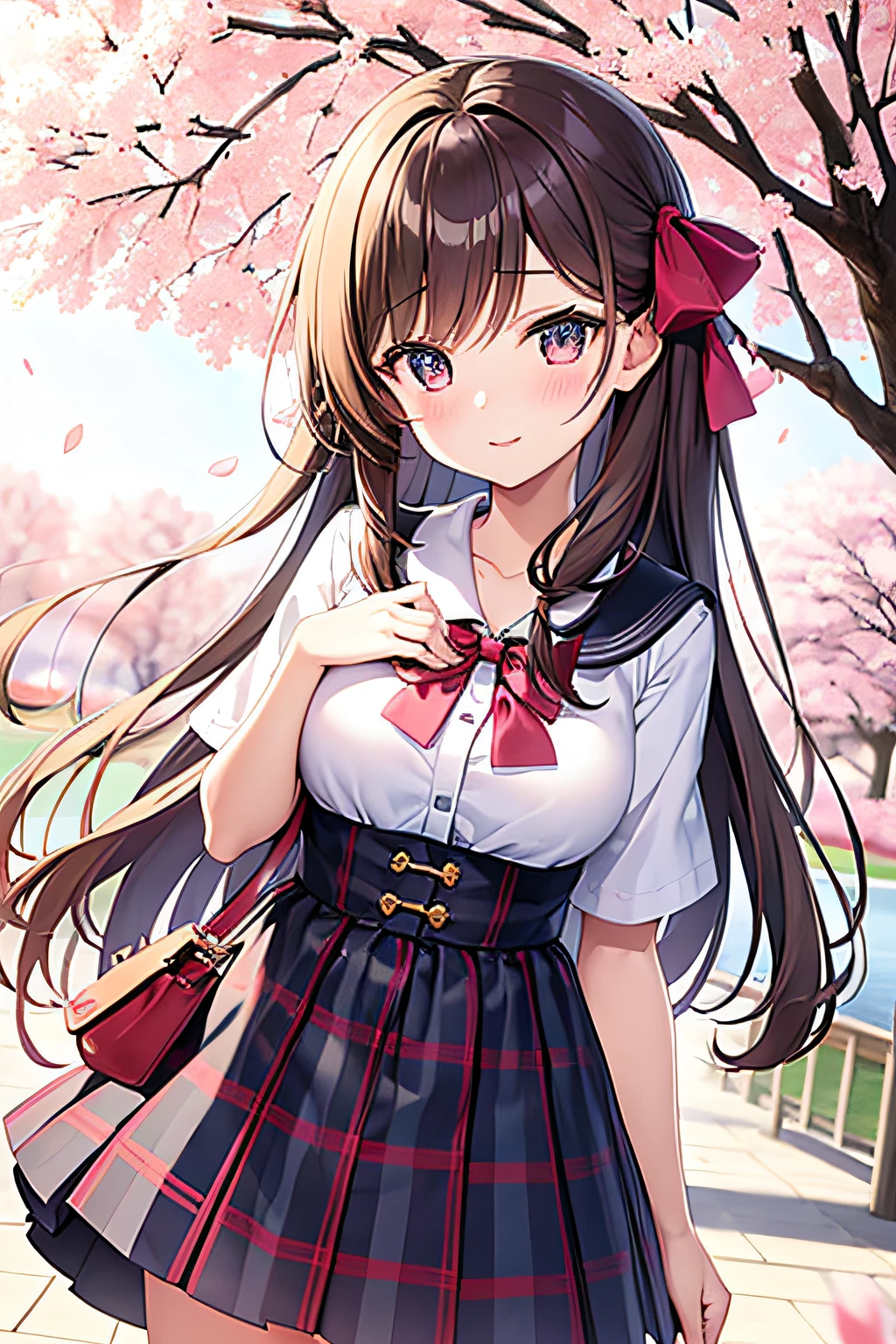 Junior high school girl standing under a big cherry tree、Many cherry blossom petals flutter、Shooting from a distance