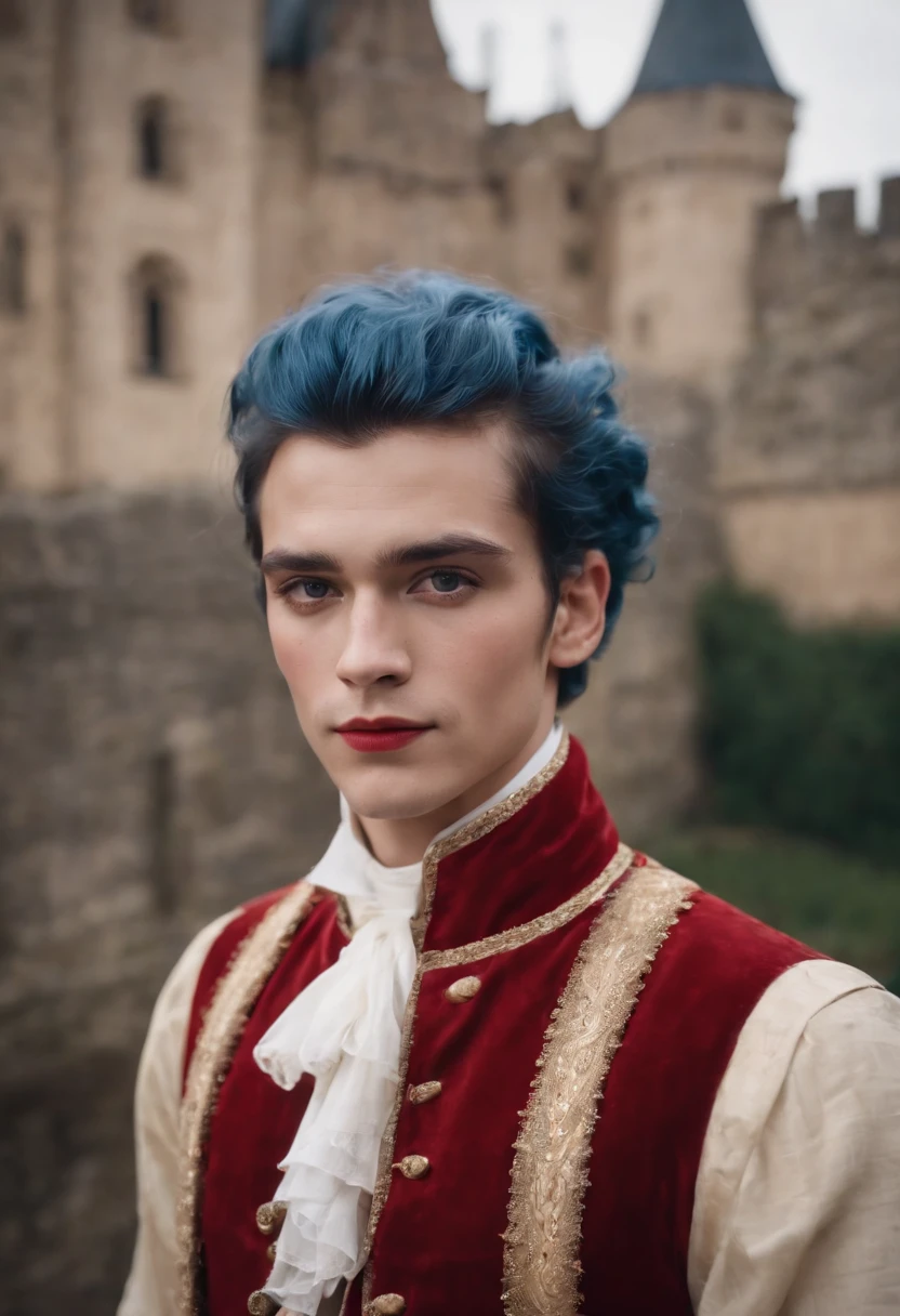 Best quality, masterpiece, ultra high res, (photorealistic:1.4), raw photo, upper body, portrait, a beautiful young man, solo, blue hair, half-up hair, pearl earrings, red suit, clown makeup, castle in the background, soft lighting