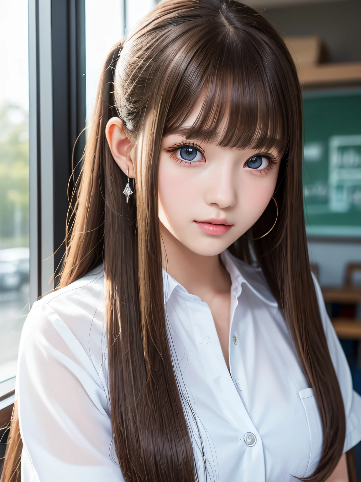portlate、School Uniforms、bright expression、poneyTail、Young shiny shiny white shiny skin、Best Looks、Natural brown hair with dazzling highlights、shiny light hair,、Super long silky straight hair、Beautiful bangs that shine、Blunt bangs、Glowing crystal clear attractive big blue eyes、Very beautiful nice cute 16 year old girl、Lush bust