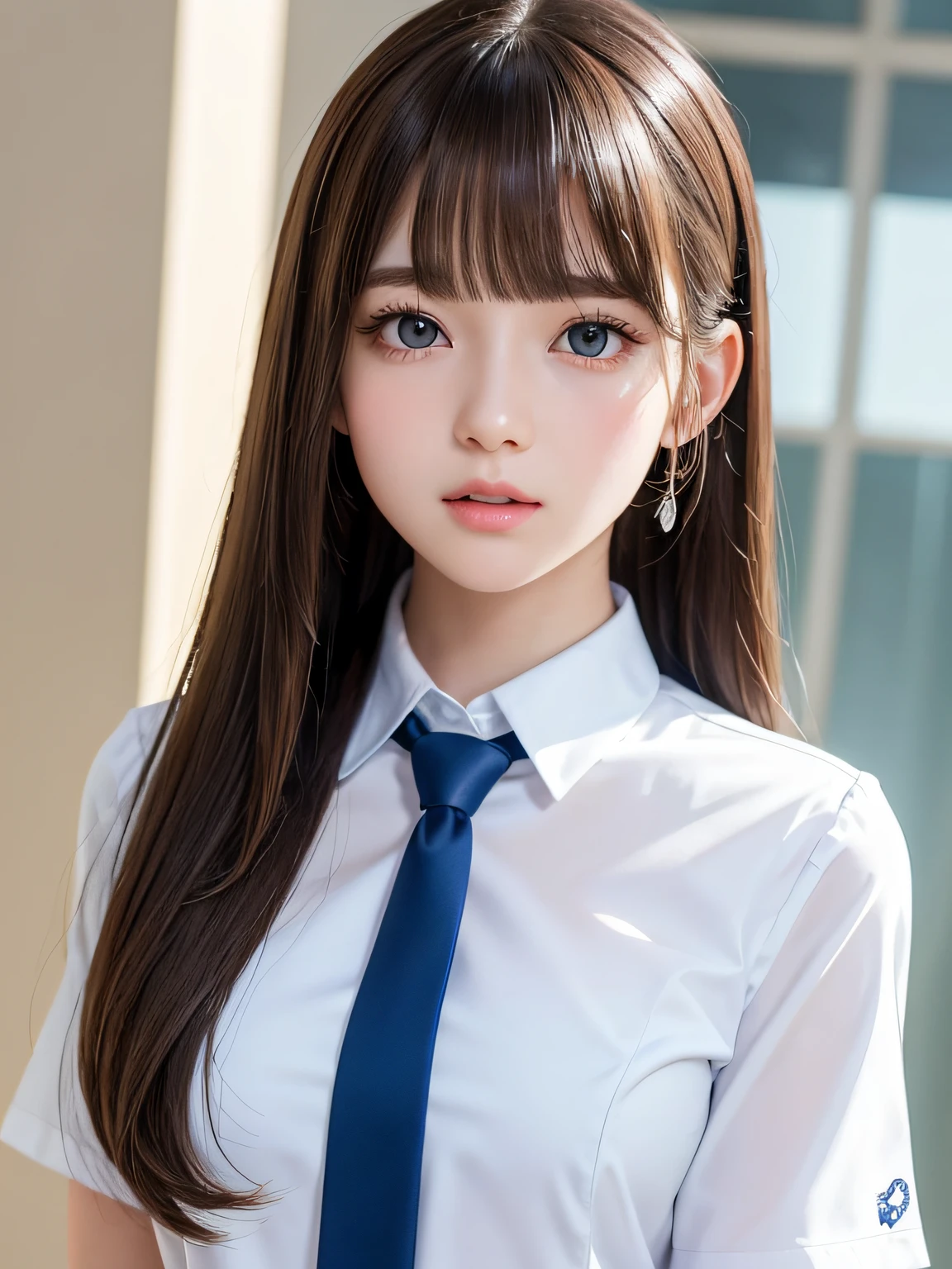 portlate、School Uniforms、bright expression、poneyTail、Young shiny shiny white shiny skin、Best Looks、Natural brown hair with dazzling highlights、shiny light hair,、Super long silky straight hair、Beautiful bangs that shine、Blunt bangs、Glowing crystal clear attractive big blue eyes、Very beautiful nice cute girl、Lush bust