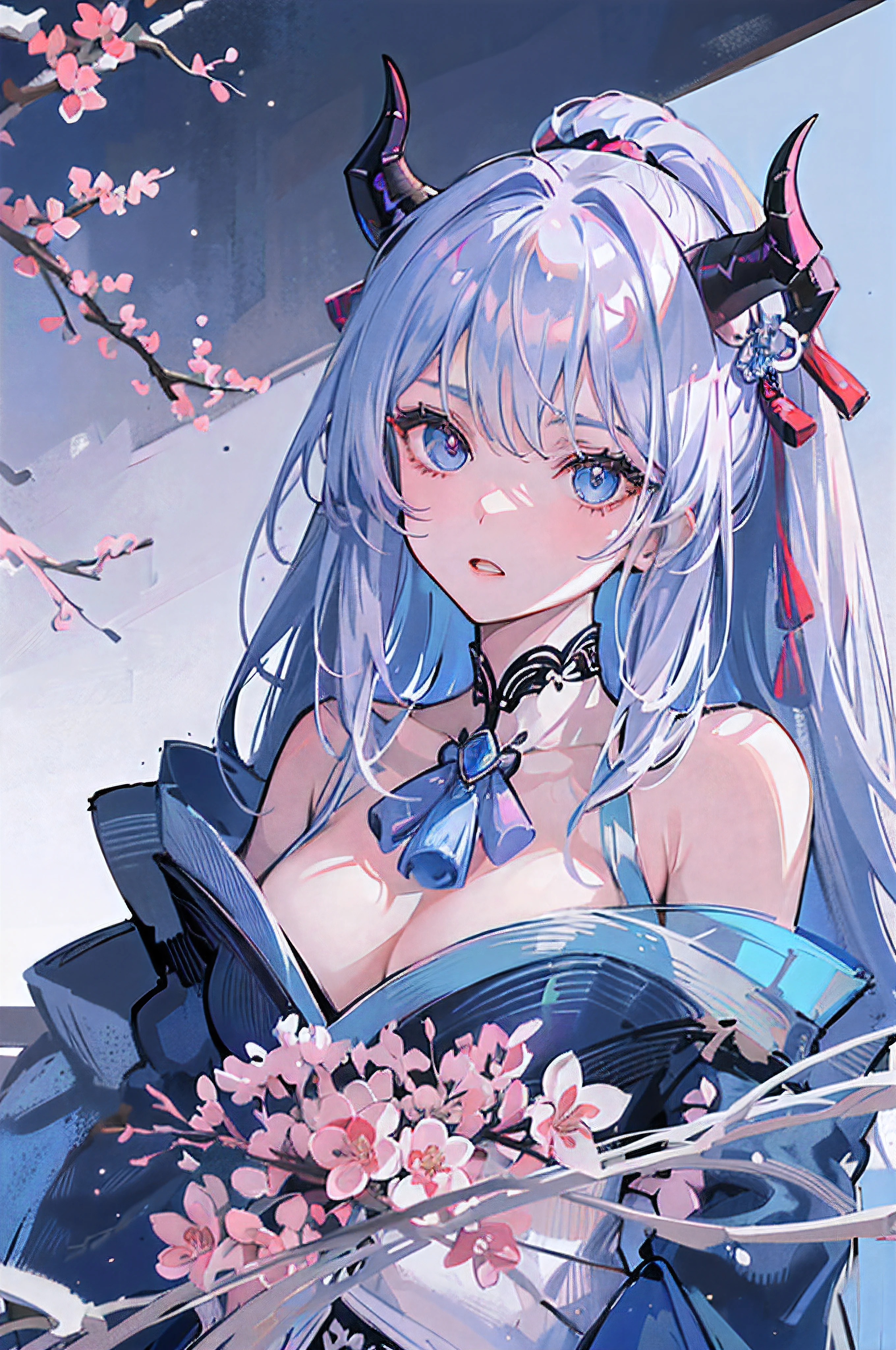 (best quality, high-res, masterpiece:1.2), perfect face, (serious expression), detailed eyes, elegant, (heterochromatic eyes), (curved blue horns), dragon woman, wearing a white and pastel blue elegant kimono, cherry blossom background, long silver hair, ponytail, side view, looking at viewer, snowy background