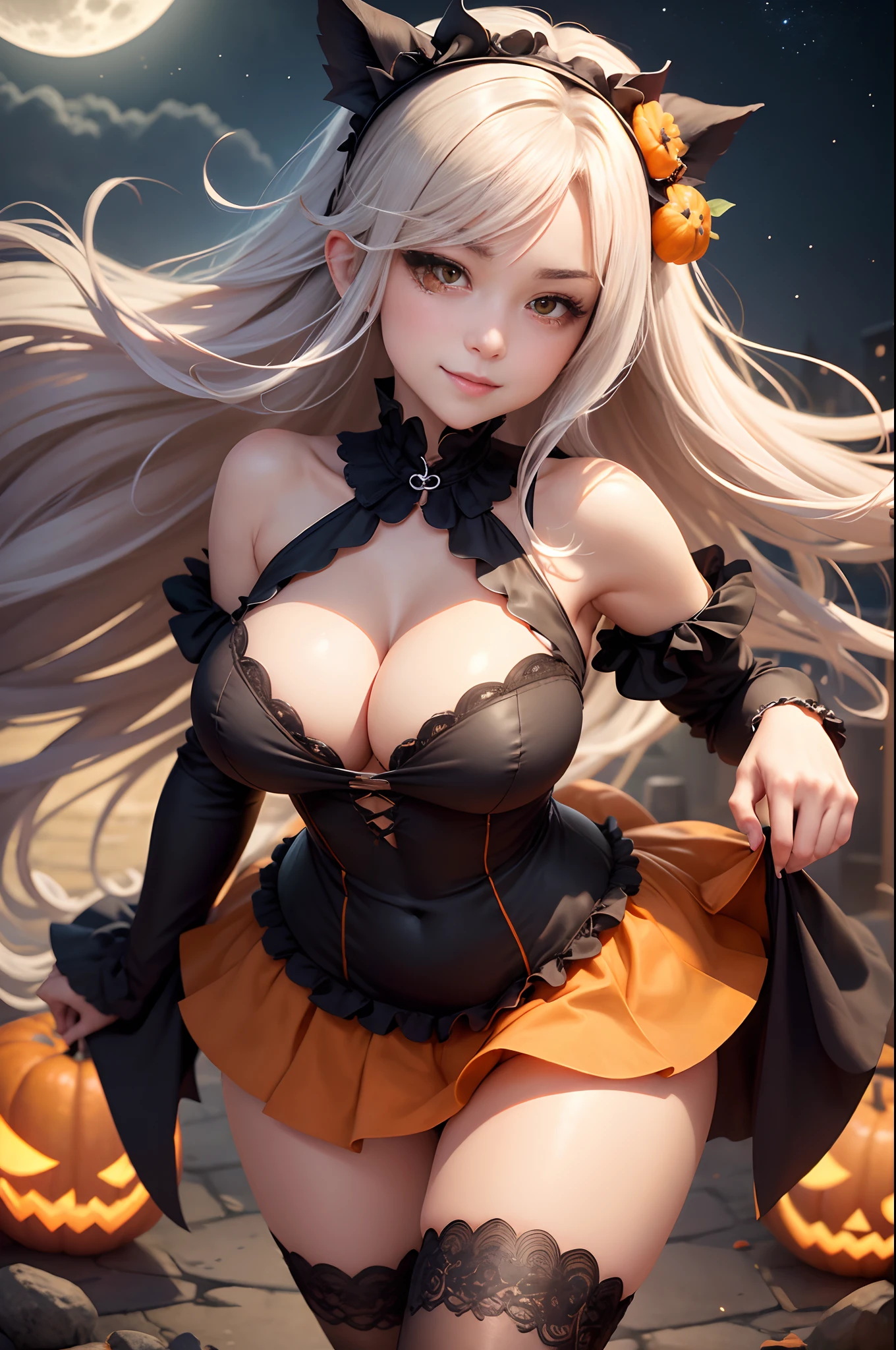 in 8K、Best Quality、Full moon night sky、Neat and clean woman、silber hair、yellow eyes、Orange and black gothic maid outfit、Orange and black mini skirt、Orange knee socks、Orange maid cap、frilld、blushed face、Long wavy hair、beauty legs、Seductive thighs、Colossal tits:1.8、big butts:5.5、big breasts thin waist、cleavage of the breast、Beautiful constriction、cleavage of the breast、shinny skin、Focus on the chest、Naughty breasts、Naughty hips、sexypose、Facing up、Kamimei、Shy smile、low angles、Looking up、Has a jack-o'-lantern、Bats flutter、