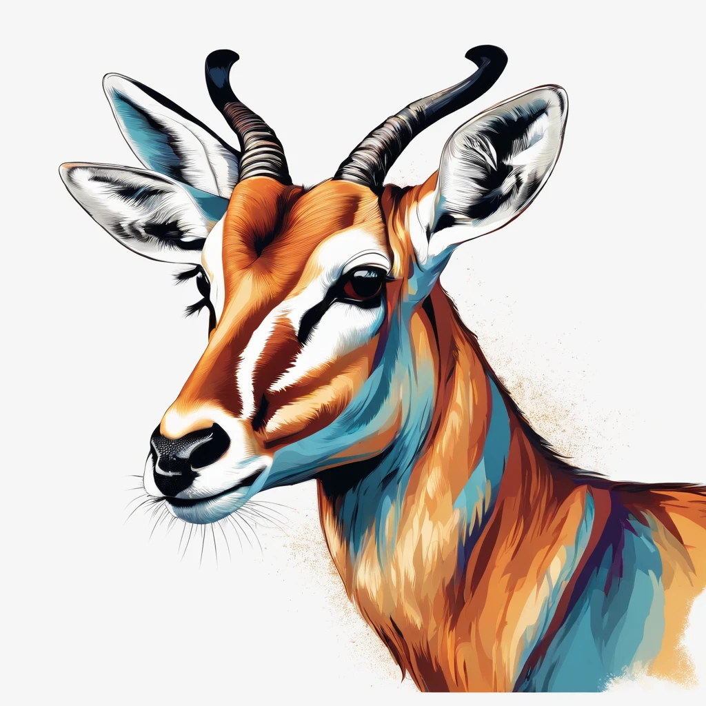Antelope Mammal, Multicolored, Vintage Style, (T-Shirt Design), Masterpiece Realistic Volumetric Light, Shiny, Contour, Vector, White Background, Details