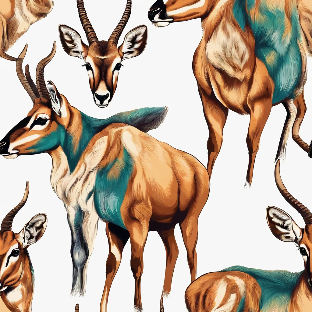 Antelope Mammal, Multicolored, Vintage Style, (T-Shirt Design), Masterpiece Realistic Volumetric Light, Shiny, Contour, Vector, White Background, Details