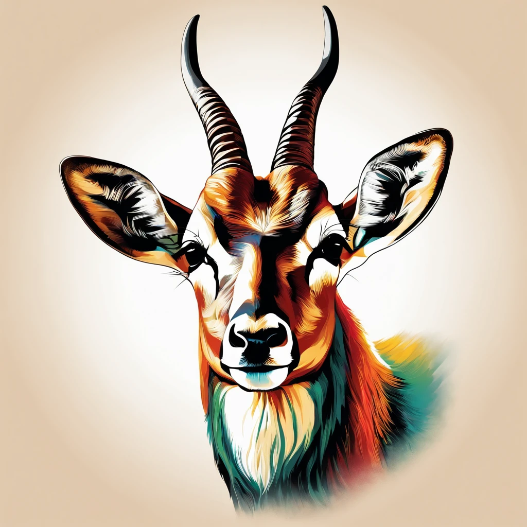 Antelope Mammal, Multicolored, Vintage Style, (T-Shirt Design), Masterpiece Realistic Volumetric Light, Shiny, Contour, Vector, White Background, Details