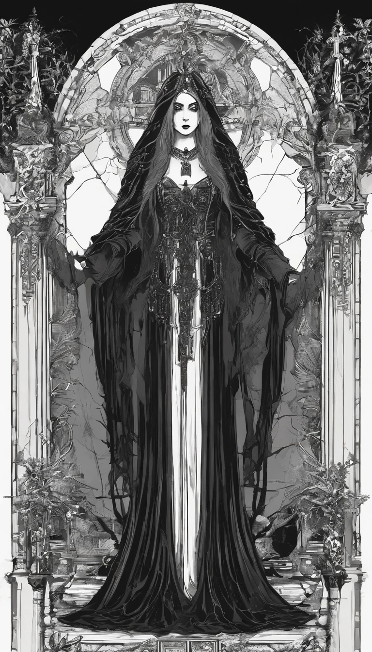 priestess,young,mysterious,hungry,black robes,church,dark,scary,calm,silent,gray