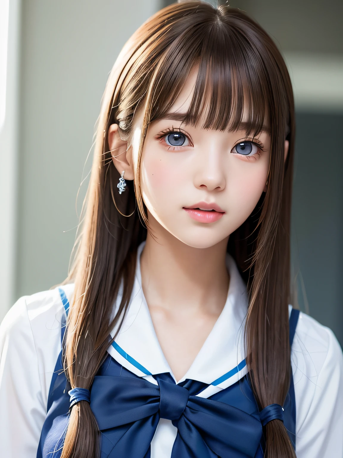 portlate、School Uniforms、bright expression、poneyTail、Young shiny shiny white shiny skin、Best Looks、Natural brown hair with dazzling highlights、shiny light hair,、Super long silky straight hair、Beautiful bangs that shine、Blunt bangs、Glowing crystal clear attractive big blue eyes、Very beautiful nice cute girl、Lush bust