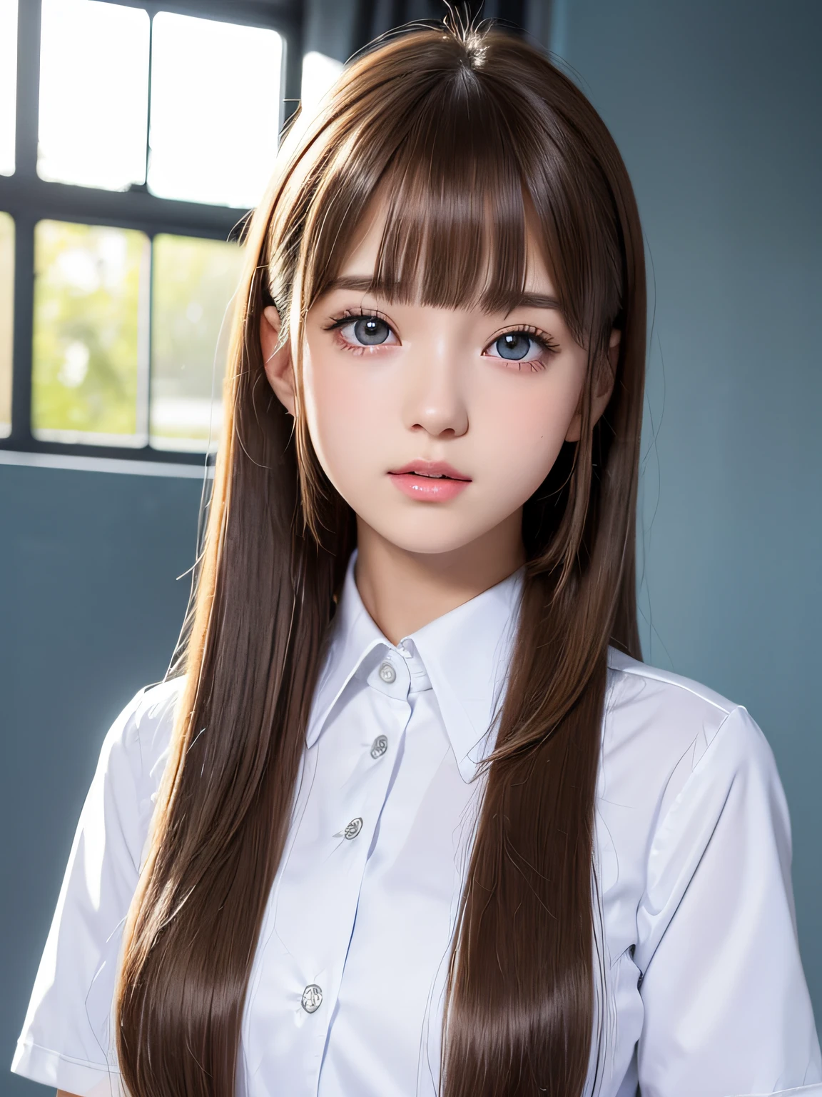 portlate、School Uniforms、bright expression、poneyTail、Young shiny shiny white shiny skin、Best Looks、Natural brown hair with dazzling highlights、shiny light hair,、Super long silky straight hair、Beautiful bangs that shine、Blunt bangs、Glowing crystal clear attractive big blue eyes、Very beautiful nice cute 16 year old girl、Lush bust