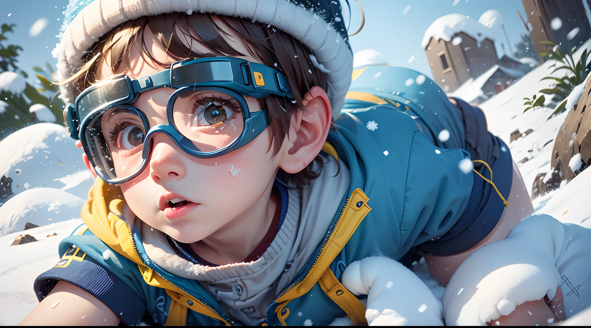 Magic flies,It's all snow and ice(magicle world),Cold silence,(Frost magic),(1 ),1 Little boyoggles),Yellow vest,grey shorts,Blue sneakers),(high-definition and exquisite facial features),A little man adventurehe snow,Storytelling images