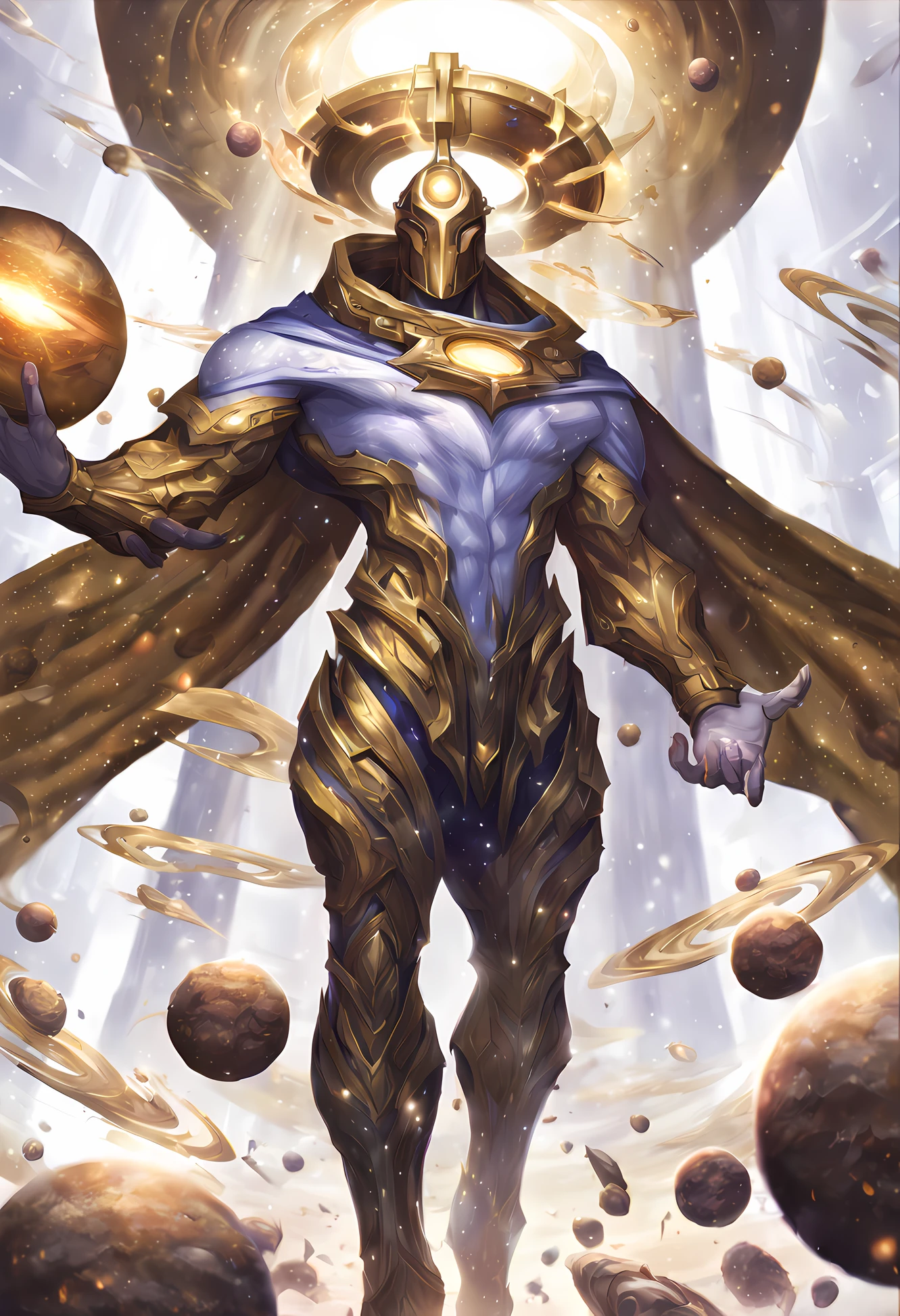 best aesthetic,lolsplashart,league of lgends,body composed of galaxies,galaxy body,god like body,musclar body,final boss,golden attire,standing,white background,galaxies swirling inside body,cape