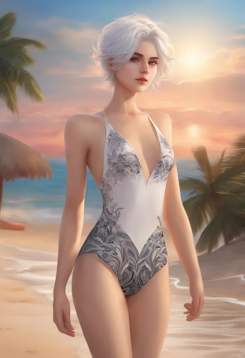masterpiece, best quality, ultra-detailed, illustration,, hanekawashorthair, 1boy, full body, , black eyes, multicolored hair, black hair, white hair,, swimsuit,, detailed background, mksts style, beach, sunset,