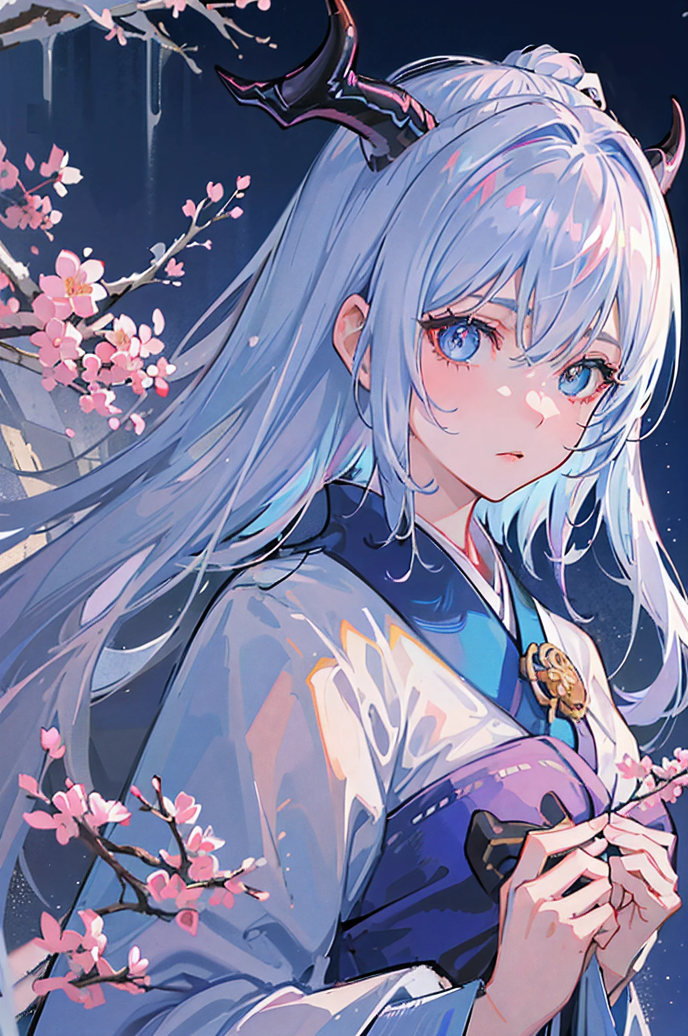 (best quality, high-res, masterpiece:1.2), perfect face, (serious expression), detailed eyes, elegant, (heterochromatic eyes), (curved blue horns), dragon woman, wearing a white and pastel blue elegant kimono, cherry blossom background, long silver hair, ponytail, side view, looking at viewer, snowy background