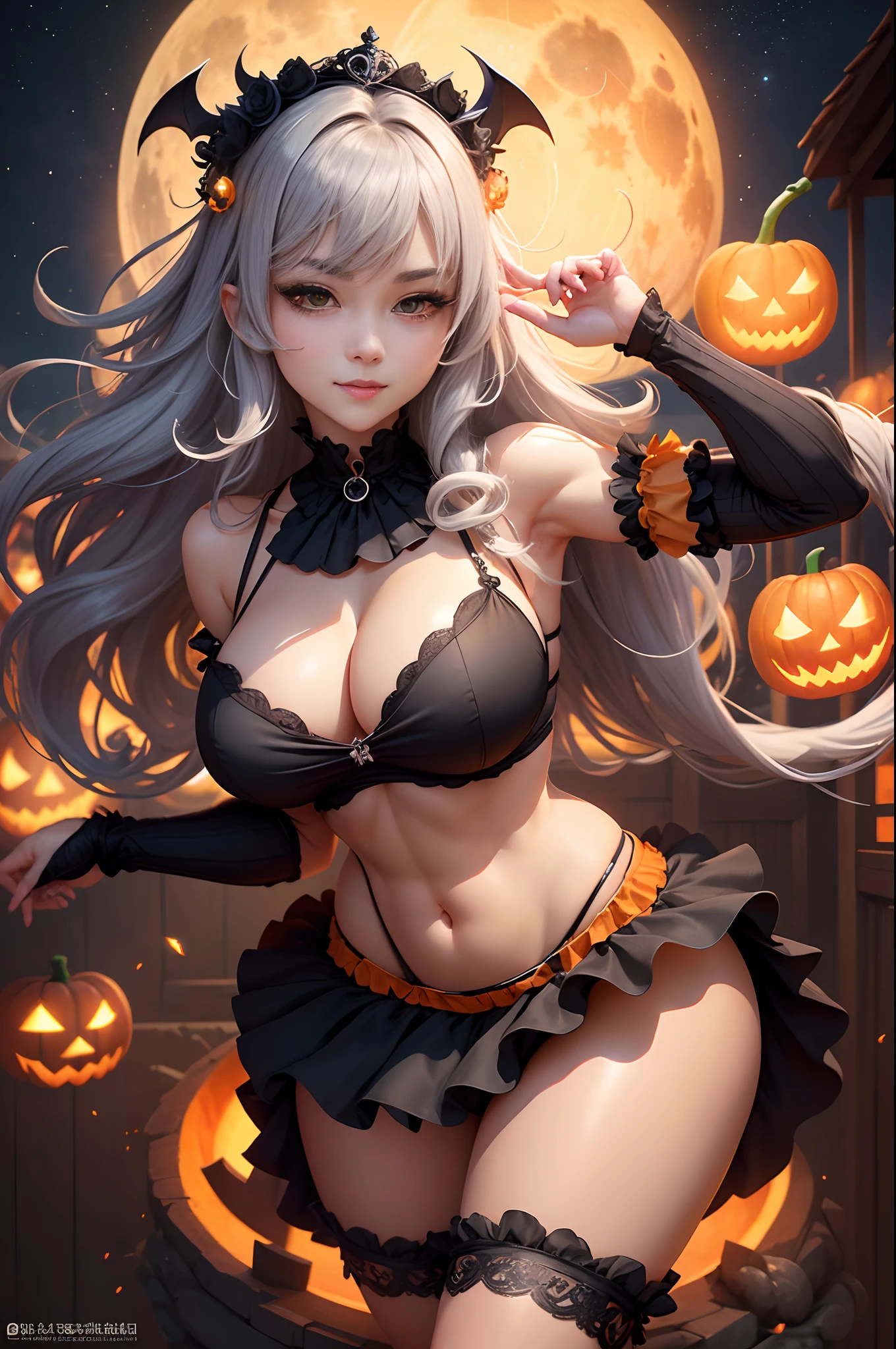 in 8K、Best Quality、Full moon night sky、Neat and clean woman、silber hair、yellow eyes、Orange and black gothic maid outfit、Orange and black mini skirt、Orange knee socks、Orange maid cap、frilld、blushed face、Long wavy hair、beauty legs、Seductive thighs、Colossal tits:1.8、big butts:5.5、big breasts thin waist、cleavage of the breast、Beautiful constriction、cleavage of the breast、shinny skin、Focus on the chest、Naughty breasts、Naughty hips、sexypose、Facing up、Kamimei、Shy smile、low angles、Looking up、Has a jack-o'-lantern、Bats flutter、