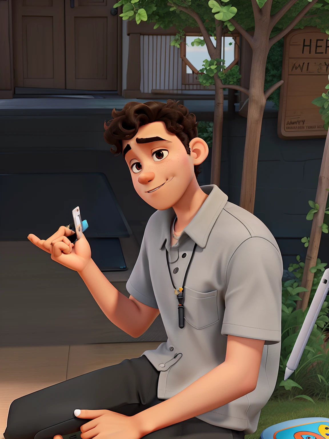 Disney Pixar Poster, a teenager boy, short curly hair, brown skin, wear black tshirt, hold ipad and ipad pen, 3d animation