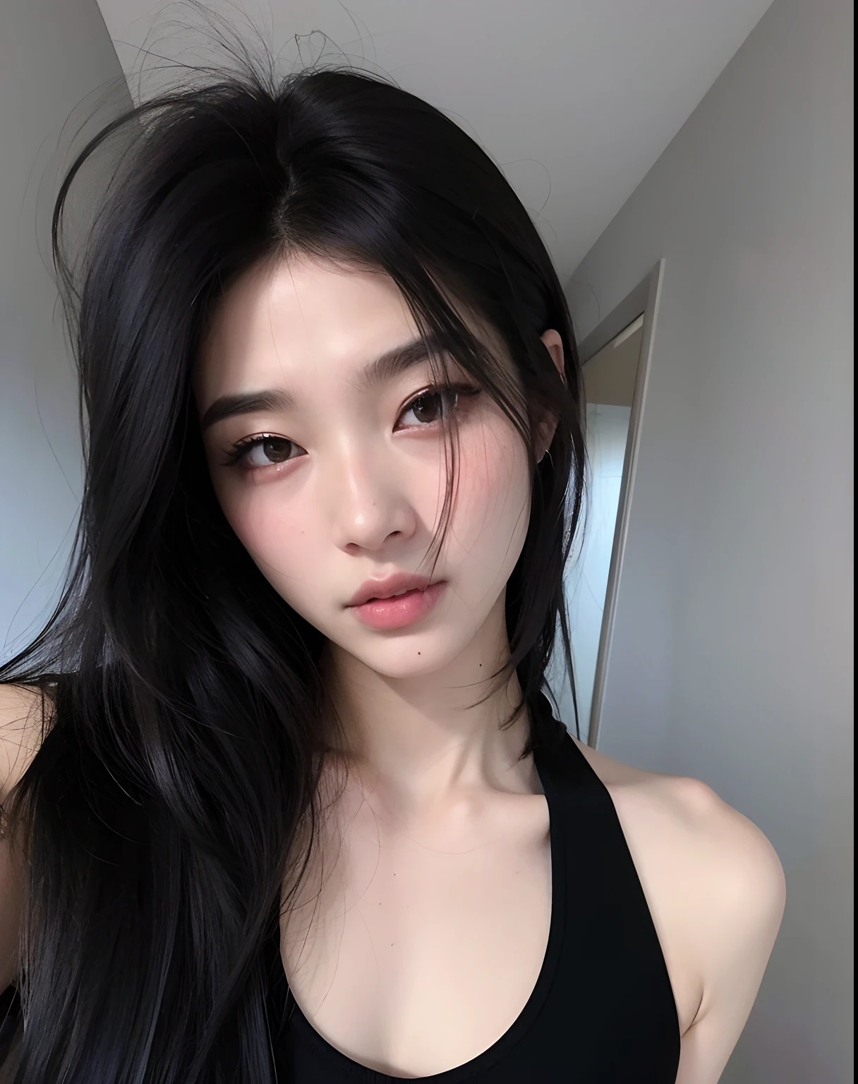 mulher arafed com cabelo preto longo vestindo uma regata preta, Jinyoung Canela, Mulher sul-coreana bonita, menina coreana, Wenfei Ye, Ulzzang, linda mulher coreana jovem, Jaeyeon Nam, mulher coreana jovem bonita, wan adorable korean face, Gongbi, Heonhwa Choe, Xintong Chen, Xision Wu, asian features