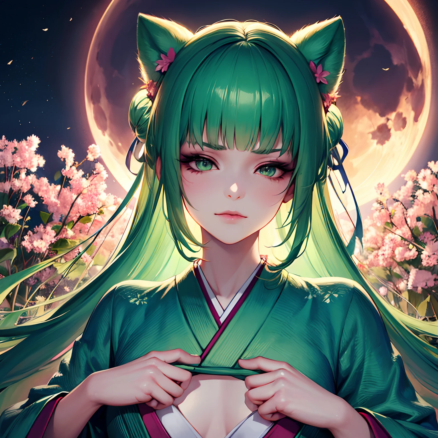 finest image, (8k, RAW photo, realistic), portrait, detailed and delicate depiction and flashy and dynamic painting method, dark green hime cut, double bun, blunt bangs, a funny and cute deformed girl with yellow cat eyes and cat ears, half closed eyes / bad mood, flat chest, slender, close hand pose, Japanese kimono, white and pink rhododendron flowers, background big moon, iridescent golden particles