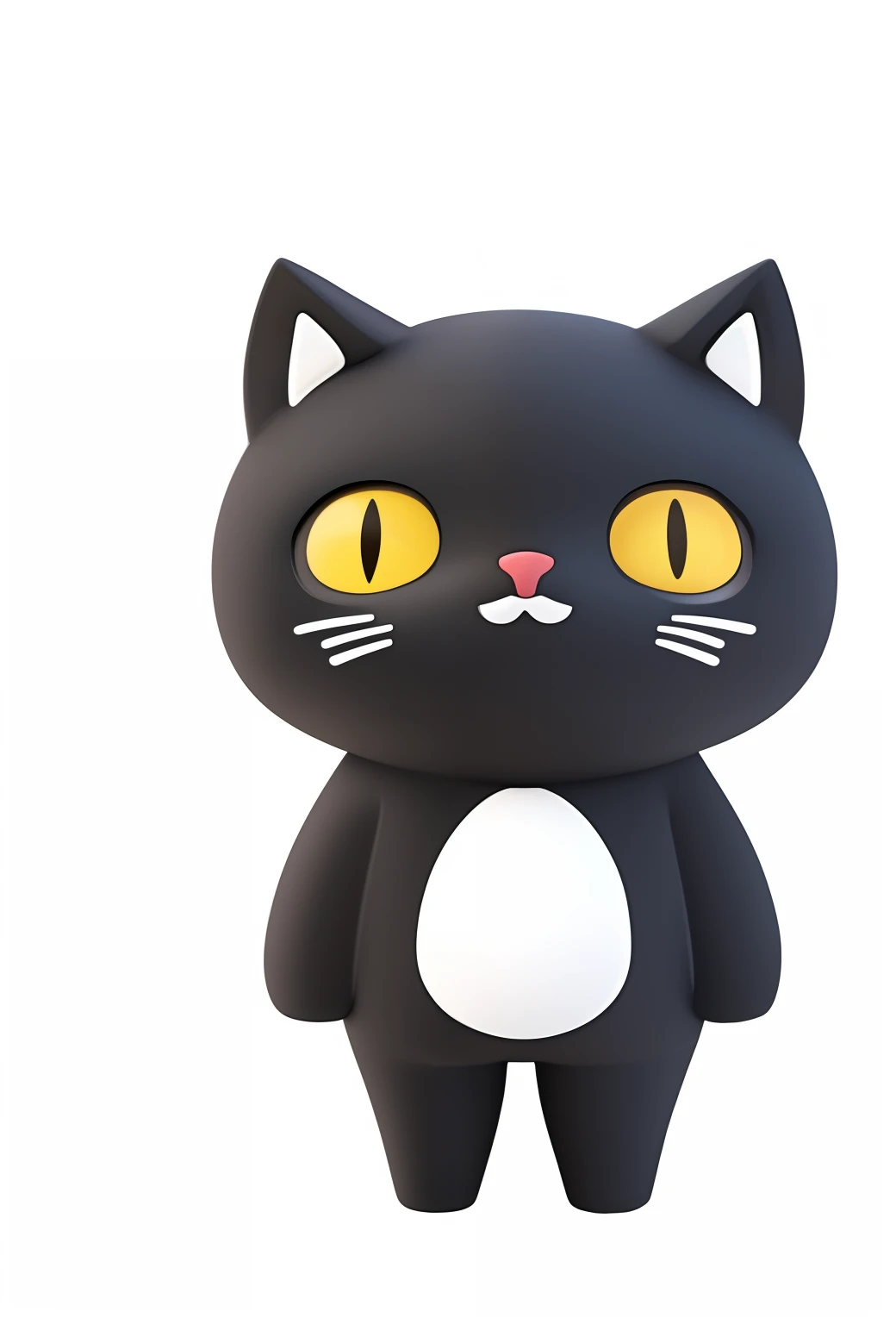 A black cat with yellow eyes stands in front of a white background, Kawaii cat, neko, nekomimi, Black cat, A cat, Cute cat 3D，CG anime visuals, A cute cat, Cute cat, fat chibi grey cat, cute furry needs your help, anthropomorphic cat, Chuan Ai, Meow, cat, anime cat, sad cat，3D猫，Black cat, illustration of a cat, cat. Digital painting, Happy cat, cat design, A cat, Meow, black cats, vectorial art, anthropomorphic female cat, A cute cat, anthropomorphic cat, Cute cat, !!!! cat!!!!, detailed digital illustration, lineless，Toothless smile，Cartoon cats，Black cat，Stand on two feet，yellow eyes，A toothless smile with a smile on a smiling face，Front view，Horizontal viewing angle，Juan Cat game style，largeeyes，Stand with a smile, A toothless smile, stop motion character，Cartoon cats，largeeyes，With a smile on his face, Black anthropomorphism, full body mascot, full body close-up shot, anthropomorphic character, Standing and smiling pose, toonix character, toon rendering, cartoon character, merged character, Herren. nimbus character design, Furry character
