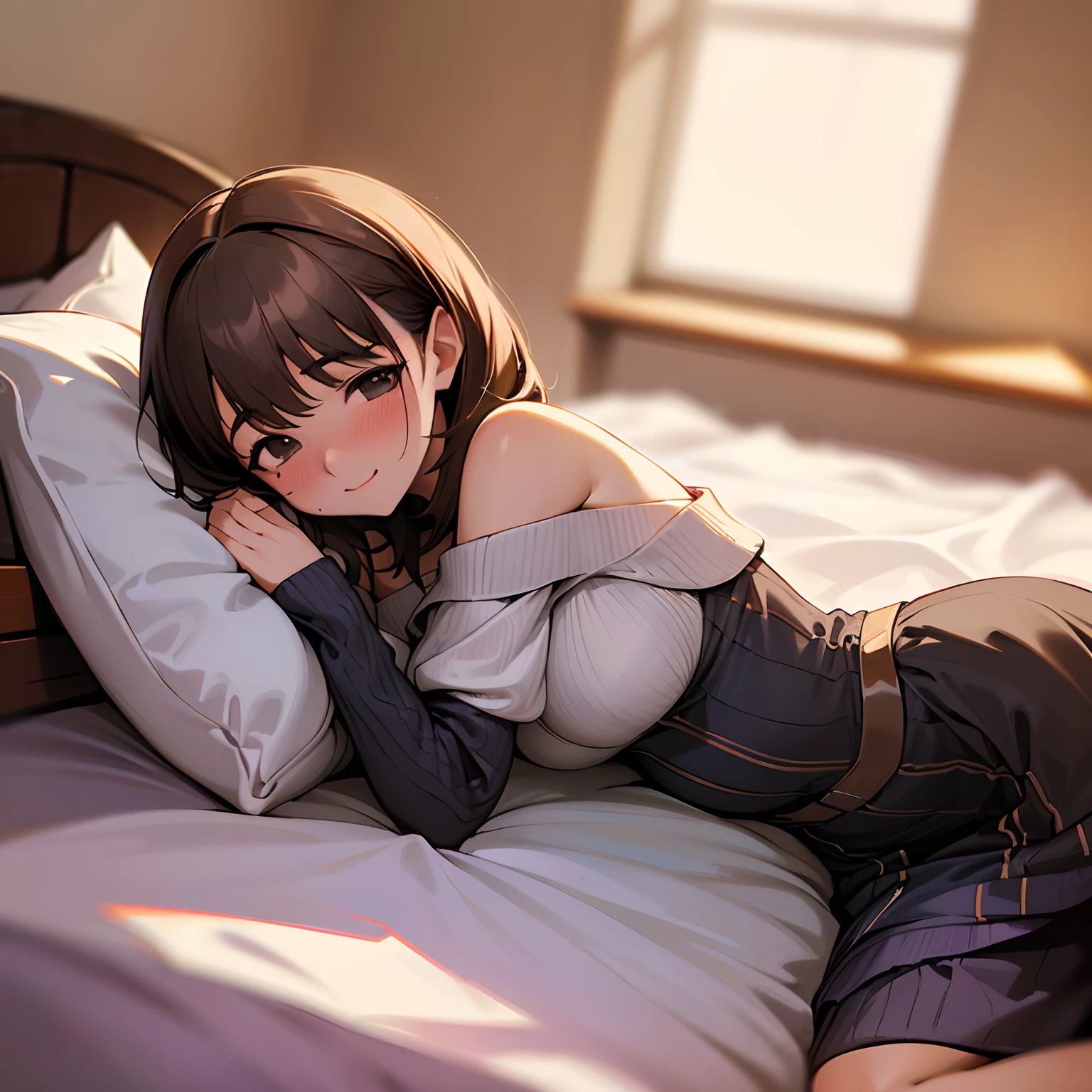 {{masterpiece,best quality,absurdres}} ((solo.1girl))((upper body))(anegasaki nene)((He lies on his side on the bed in his room and snuggles up to me(lying))),(((Off-the-shoulder sweater dresses))),While looking here、Smiling shyly(blush)、(big breasts)、Girls' High School