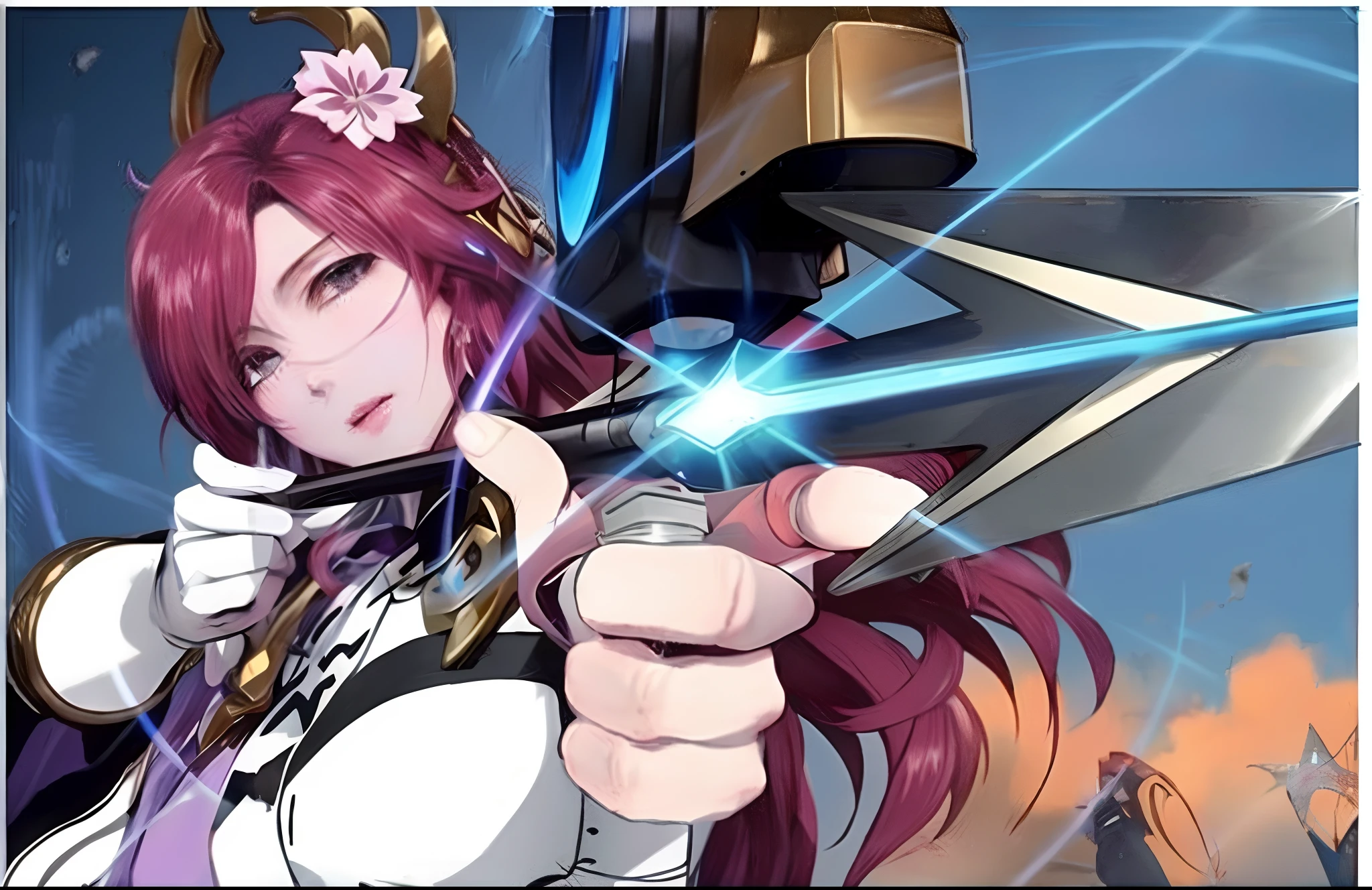 tmasterpiece，best qualityer，Realisticstyle，Red-haired anime girl pulls bow and arrow and points at the camera, Ayaka Genshin impact, From Arknights, ayaka game genshin impact, The legendary god is armed with a bow and arrow, She held a bow and arrow, Genshin impact's character, Keqing from Genshin Impact, freya, Artgrem, Rias Grimori with a bow and arrow