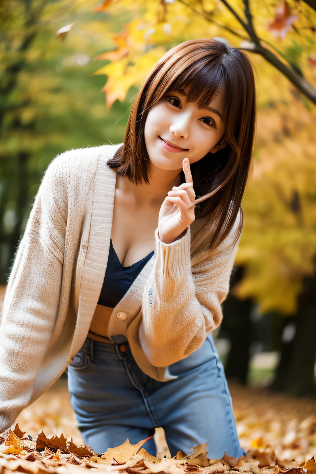 (Masterpiece), RAW, Photorealistic, Amazingly beautiful and cute Japanese woman, 25 years old, Gesture: Operating a single-lens reflex camera, Scenery: Under a tree with autumn leaves, Hairstyle: Red hair, long to the shoulders, Eyes: Looking down Facing, Clothes: Cardigan and jeans, Pose: Looking into the camera, Subject orientation: Sideways, Angle: From waist to upper body, Enough copy space, Facial expression: Happy expression, Taste (preference): Realistic Photo, quality: very detailed depiction, complete anatomy, lighting: frontal lighting,