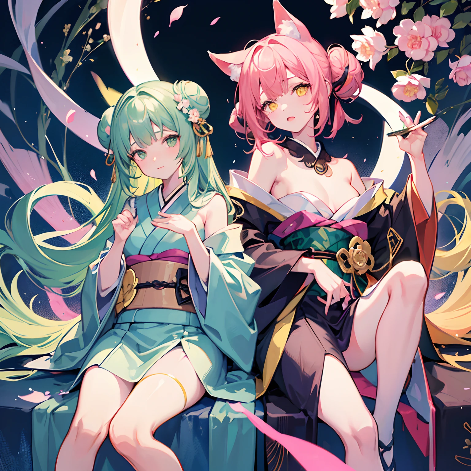 finest image, (8k, RAW photo, realistic), portrait, detailed and delicate depiction and flashy and dynamic painting method, dark green hime cut, double bun, blunt bangs, a funny and cute deformed girl with yellow cat eyes and cat ears, half closed eyes / bad mood, flat chest, slender, close hand pose, Japanese kimono, white and pink rhododendron flowers, background big moon, iridescent golden particles