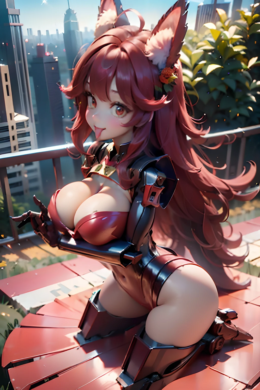 masterpiece、top-quality、hight resolution、1beautiful girl、full body Esbian、From Side、mechs、a mecha girl、Red body color、Body in Christmas colors、Santa hat with rabbit ears、Christmas wreath hair ornament、big eye、kawaii eyes、Bangs Patsun、Pink short bob hair、smooth hair、A smile、teak、lip、tongue、Stick out the tongue、I have my mouth wide open、Colossal tits、cleavage of the breast、Daytime、Jump from the top of a skyscraper、