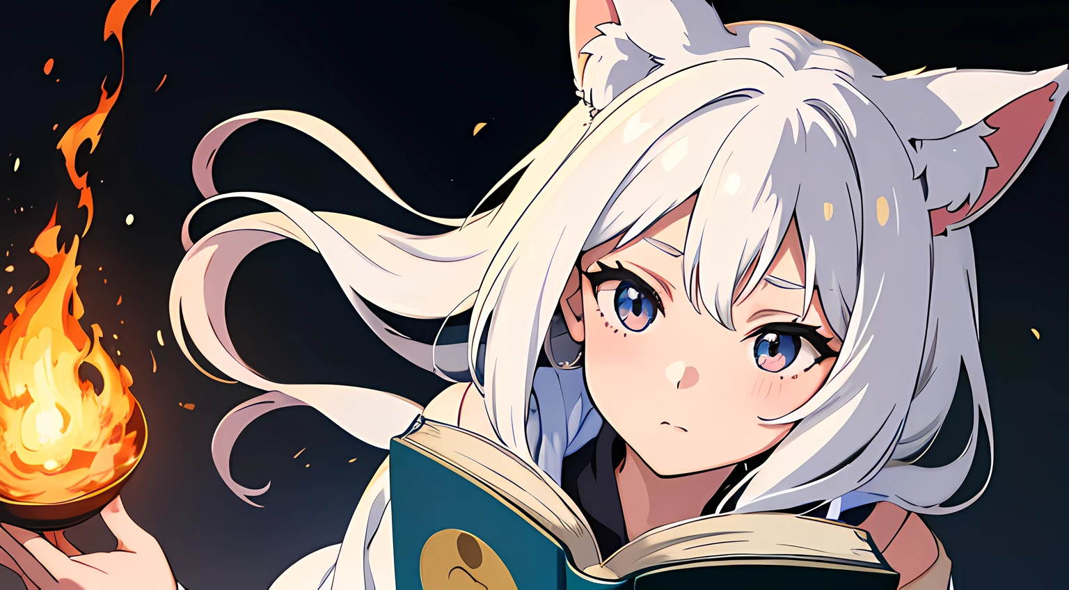 (1 nekomimi girl, without human ears),(beautiful eyes finely detailed, Face to detail, white hair, long hair), wearing long dress witch outfit, reading a magical book, looking at the book, she hold a book with flames coming out from her book, at the library, The background is a swirling flame in Katsushika Hokusai style, ​many magical particle in front of her, masterpiece, top-quality, detailed, High resolution illustration