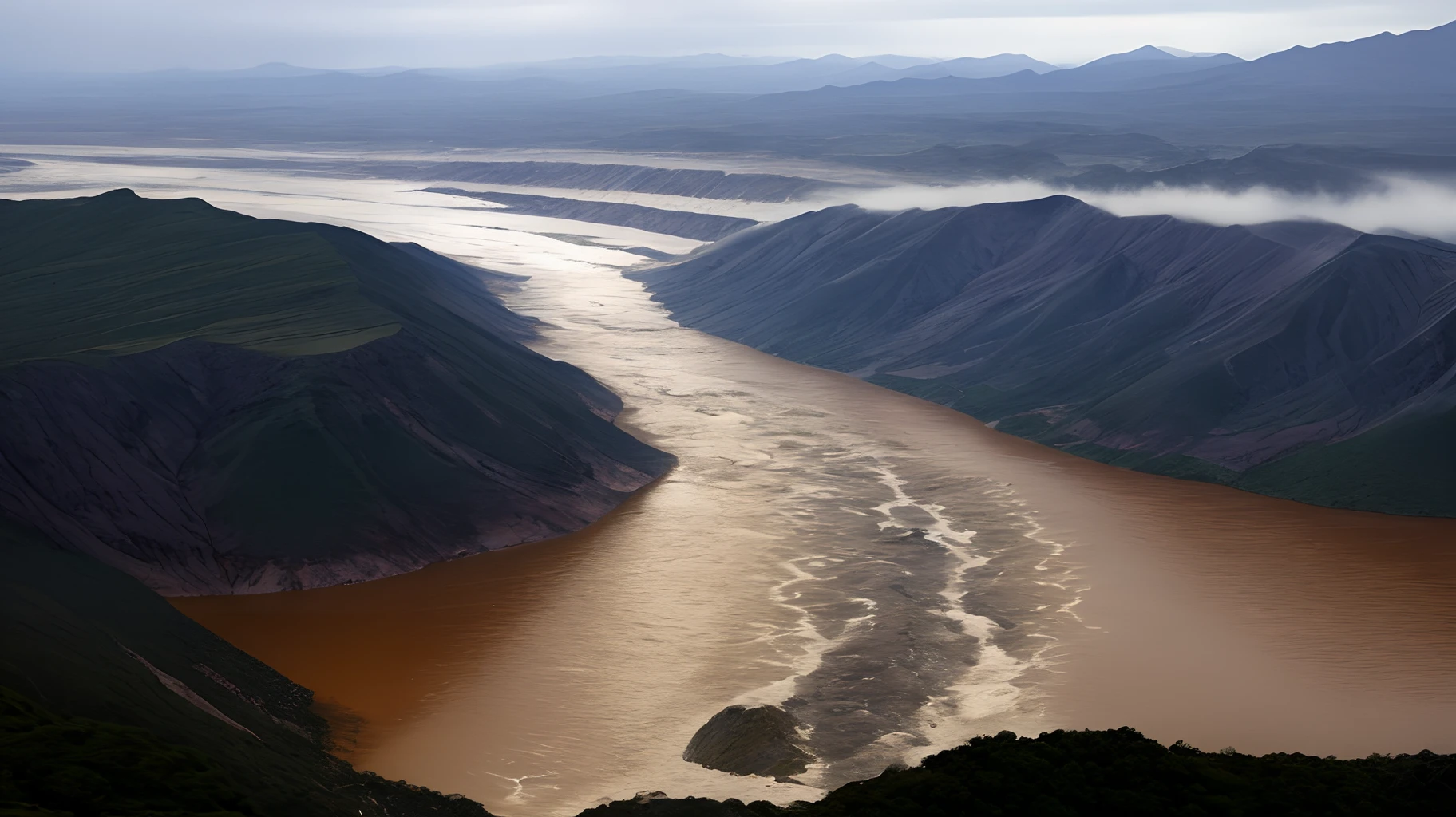 The end of the world, the water floods the golden mountain, the crowd panics, dark tones