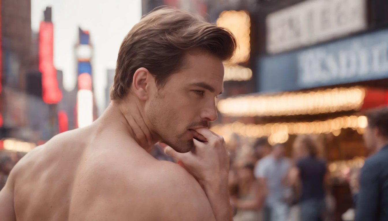 Masterpiece Photorealistic photo of stunning handsome muscular man kissing passionately with a naked man, sitting outdoors at a New York cafe in Times Square, must not have women, no females, honey eyes, short messy windy silver hair, flipping hair, closeup zoomed in tight crop portrait, people watching, top-view (outdoor New York cafe in Times Square coffee shop scene:1.2) (day time:1.2) wearing a (linen shorts and no shirt:1.3) (Lighting-red:1.2) foreground objects background details (masterpiece:1.2) (photorealistic:1.2) (bokeh:1.2) (best quality) (color grading) (detailed skin:1.3) (no shirt:1.3) (intricate) (8k) (HDR) (cinematic lighting:1.3) (sharp focus) (realistic fingers) (no female:1.2) (no women:1.2), messy windy hair, Location New York City