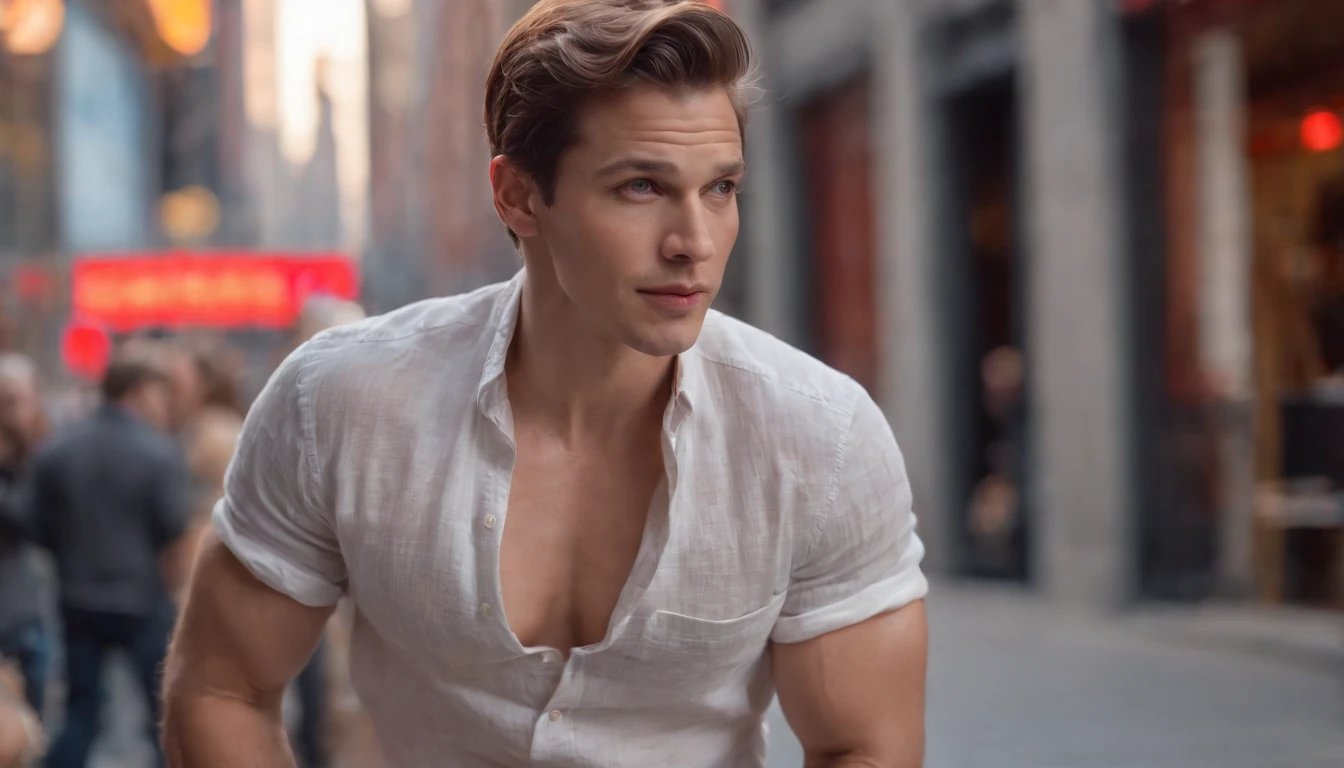 Masterpiece Photorealistic photo of stunning handsome muscular man kissing passionately with a naked man, sitting outdoors at a New York cafe in Times Square, must not have women, no females, honey eyes, short messy windy silver hair, flipping hair, closeup zoomed in tight crop portrait, people watching, top-view (outdoor New York cafe in Times Square coffee shop scene:1.2) (day time:1.2) wearing a (linen shorts and no shirt:1.3) (Lighting-red:1.2) foreground objects background details (masterpiece:1.2) (photorealistic:1.2) (bokeh:1.2) (best quality) (color grading) (detailed skin:1.3) (no shirt:1.3) (intricate) (8k) (HDR) (cinematic lighting:1.3) (sharp focus) (realistic fingers) (no female:1.2) (no women:1.2), messy windy hair, Location New York City