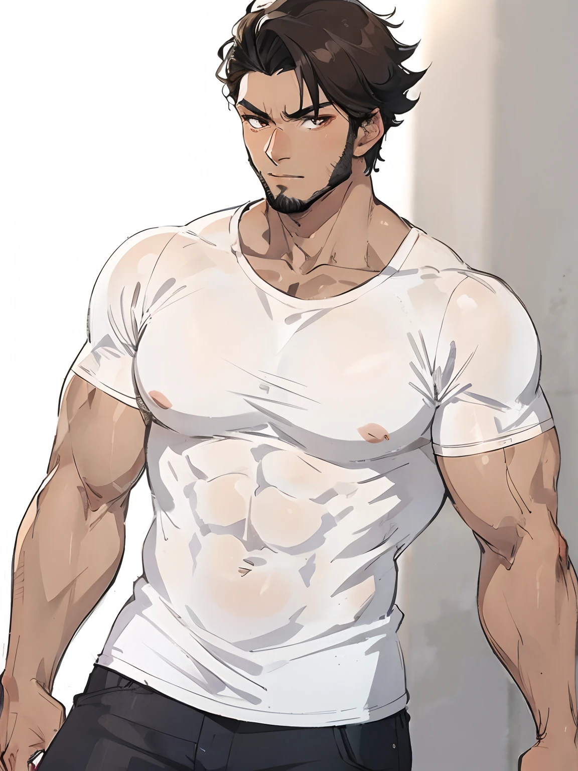 shirtless super muscular sweat-drenched tired 23-year old short black hair handsome caucasian male, pulling white shirt up to show abs, tattered jeans