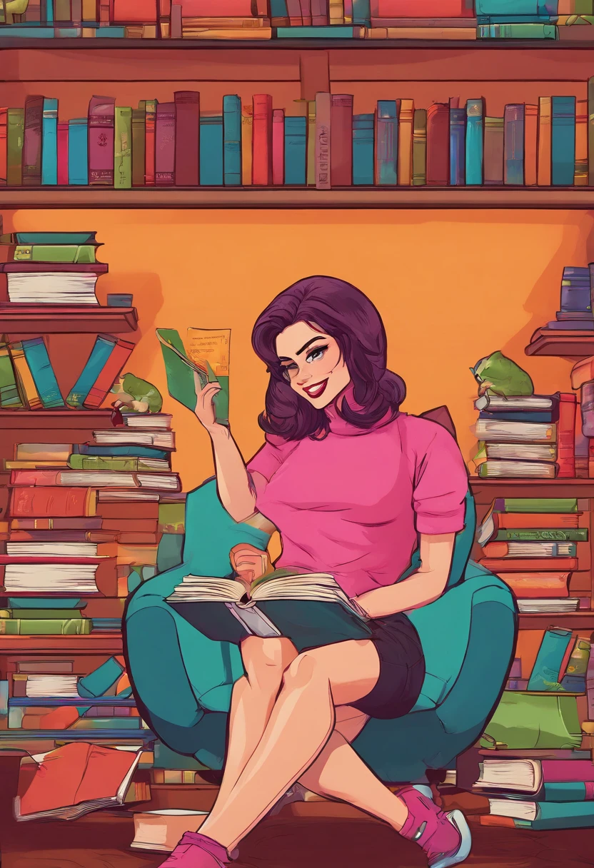 American,realistic, brunette,undercut bobbed hair, bookshelves, books, reading, stockings, happy, cozy