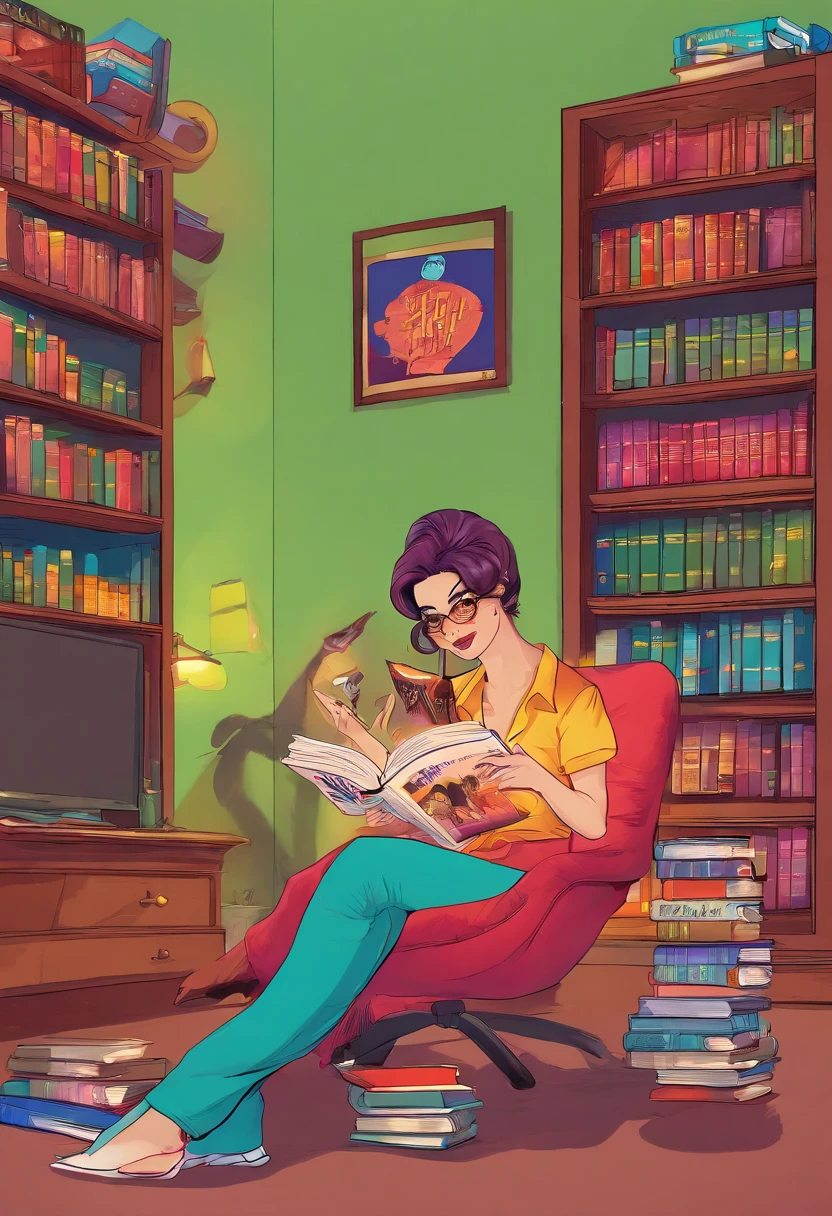 American,realistic, brunette,undercut bobbed hair, bookshelves, books, reading, stockings, happy, cozy