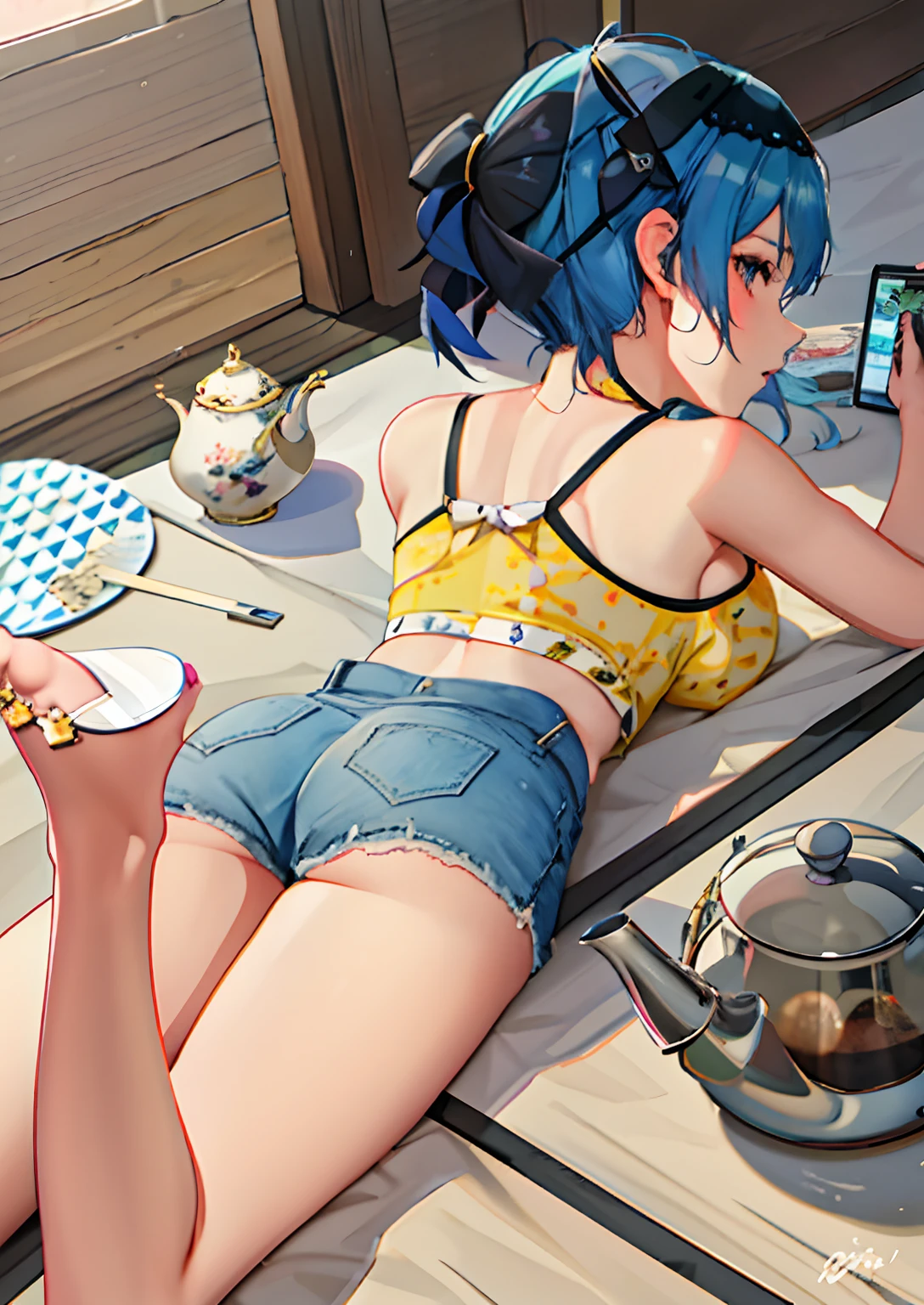 anime girl laying on the floor with a tea pot and a cell phone, digital anime illustration, digital manga art, seductive anime girl, artwork in the style of guweiz, detailed digital anime art, full color illustration, top rated on pixiv, beautiful anime girl squatting, loli, advanced digital anime art ”, big ass, blue hair, wide hips, huge ass, eula from genshin impact