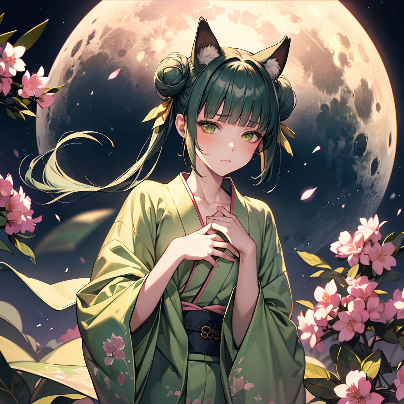 finest image, (8k, RAW photo, realistic), portrait, detailed and delicate depiction and flashy and dynamic painting method, dark green hime cut, double bun, blunt bangs, a funny and cute deformed girl with yellow cat eyes and cat ears, half closed eyes / bad mood, flat chest, slender, close hand pose, Japanese kimono, white and pink rhododendron flowers, background big moon, iridescent golden particles