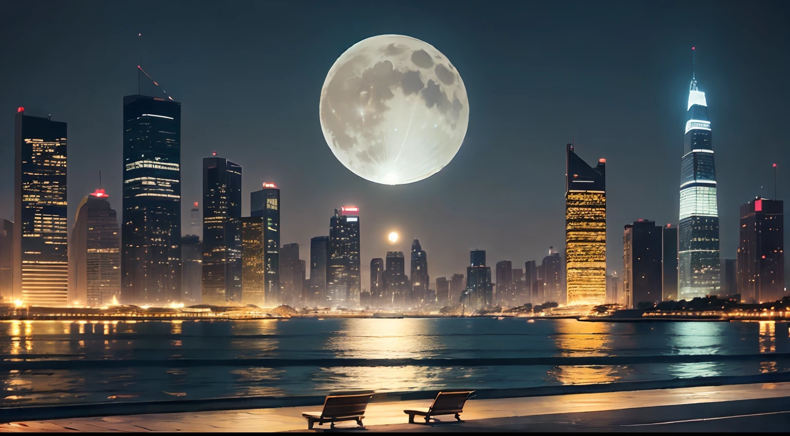 A city with a view of the sea、a moon、Yellow Moon、nighttime scene、Lighted skyscrapers、Benches by the sea