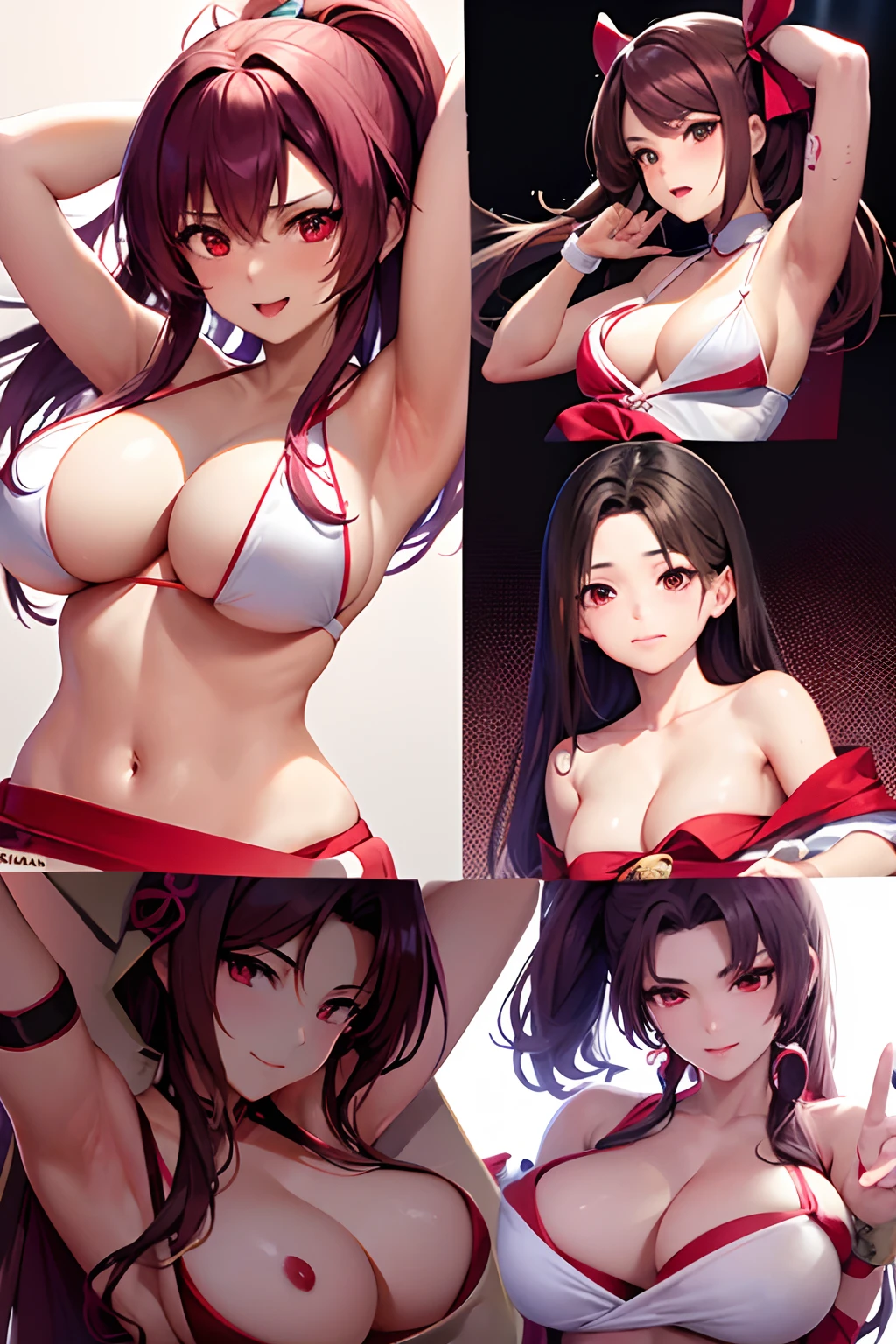 Mai Shiranui, opened clothes, stage, virgin detailed, multi-angle shot, modeling pose, breast squeezing action,