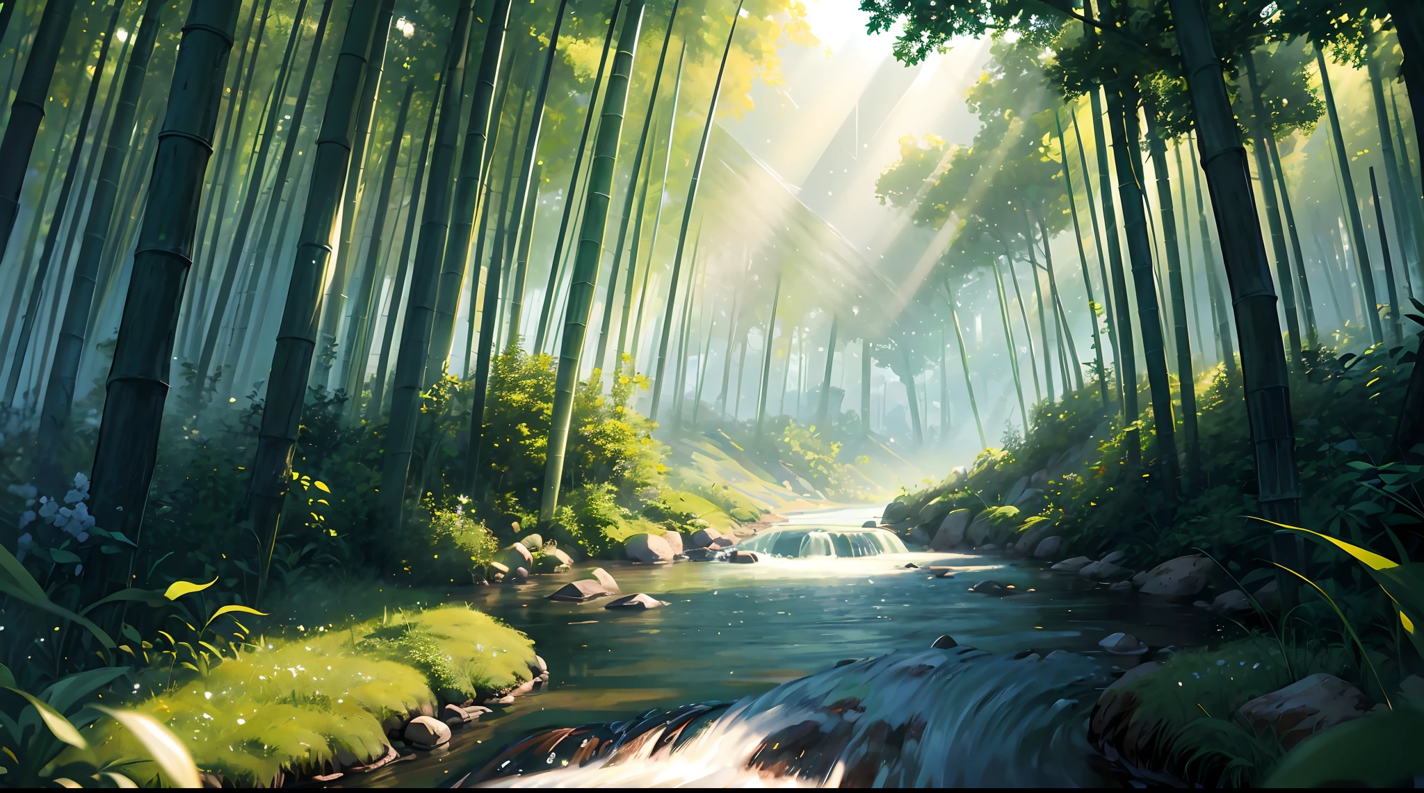 a stream running through a lush green forest, a detailed matte painting, by sylvain sarrailh, studio ghibli sunlight, sunlight reflected on the river, anime screenshot pattern, kemono, loading screen, stepping stones, without text, ( ( sunbeams ) ), official art, white sparkles sunlight beams, art », header, very clean art, pathways, bamboo