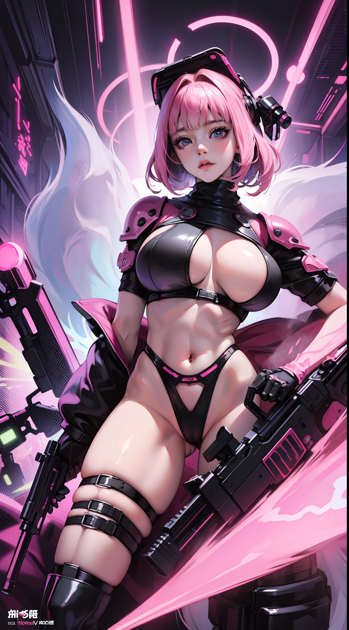 a female cyborg,Nsfw,erotic posing,doujin,hentai,inspired by takashi murakami,kawaii,stylish,pussy,busty, pubic hair,glamour,pink color tone,psychedelic costume,armored,A Cyberpunk dystopian girl,fantasic dystopia,dystopian scape,bladerunner,ghost in the shell,photorealistic,psychedelic colourful tone,posing,armed,guns,weapons,masterpiece,ultimate detailed,8k,detailed background,photorealistic,ultra high resolution,masterpiece