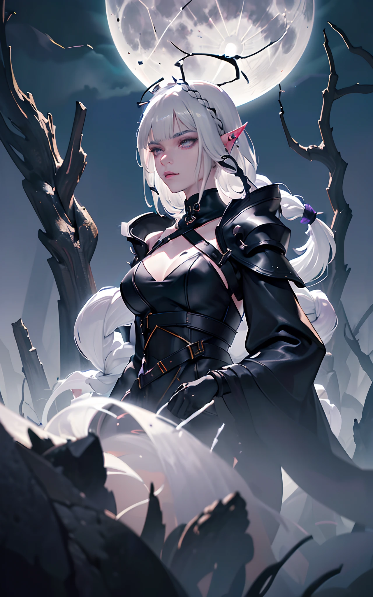 (Dark elf witch), the face of zendaya:Dua lipa, pointy ears, grey skin, white hair, (high top fade haircut), (one braid in one side of the head), masterpiece, dark forest in the background, fog, in the night, full moon ligth, 8k, detailed digital art, piercings.