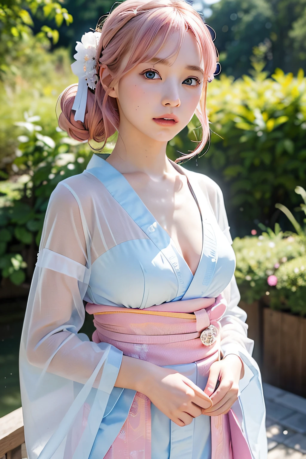 (8k, RAW photo, best quality, masterpiece), (realistic, photo-realistic:1.2), ultra-detailed, 1 girl, cute, solo, beautiful, nose blushing, soft mouth, beautiful detailed Blue eyes, blue eyes, average body, floating pink hair, pink hair, 2 buns, GIRL,FEMININE, ultra-fine details, intricate scene, ambient lighting, soft glow, elegant, symmetrical facial features, accurate anatomy, anatomically correct girl, scenic, gossamer, ethereal, gentle, mild, wise, shy, pink hair, blue eyes, wearing full festival Kimono, standing