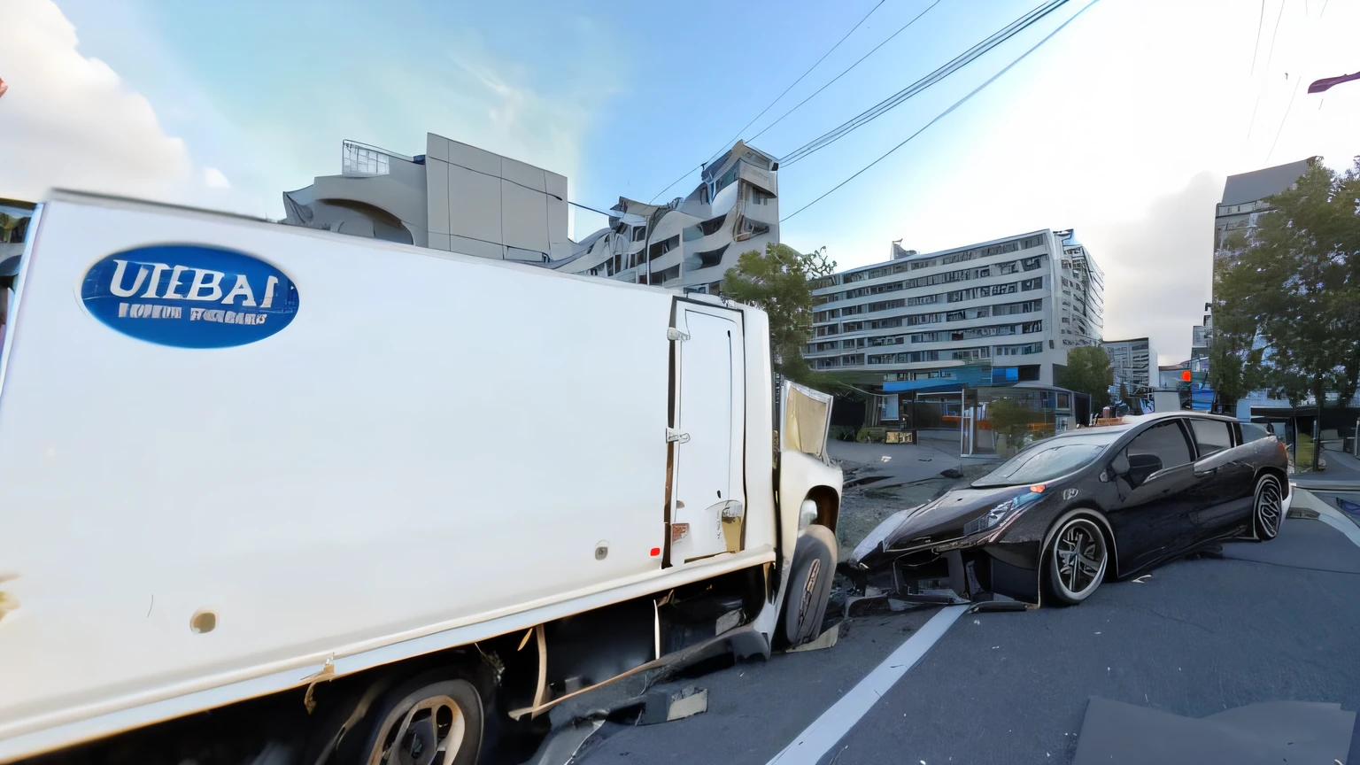 Real, precision, reality, black Prius and white pickup truck crash, top quality, urban